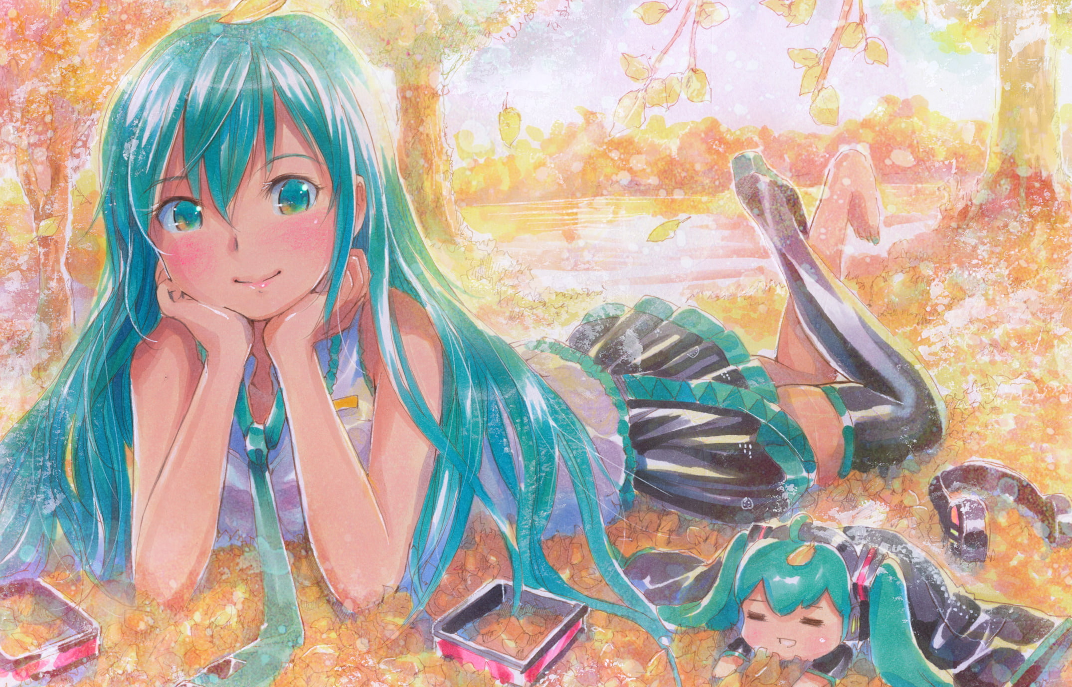 riyo, miku, long, leaves, mayo, hair, blush, hatsune, aqua, vocaloid, 1080P, tie, eyes, HD Wallpaper