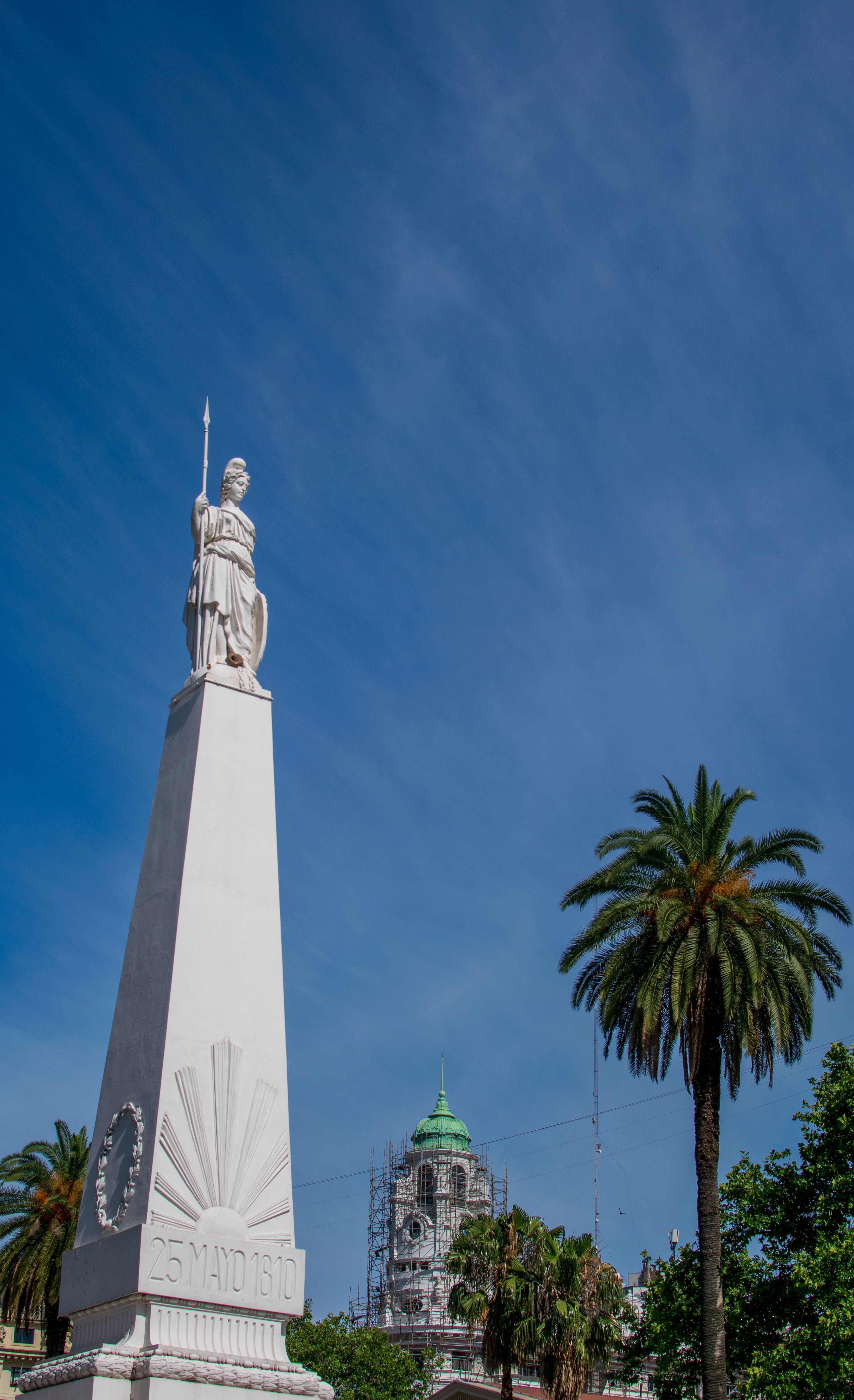 low angle view, blue, sunlight, travel destinations, lighthouse, 5K, obelisk, building, nature, building exterior, 25 de mayo, monument, statue, tall - high, Phone HD Wallpaper
