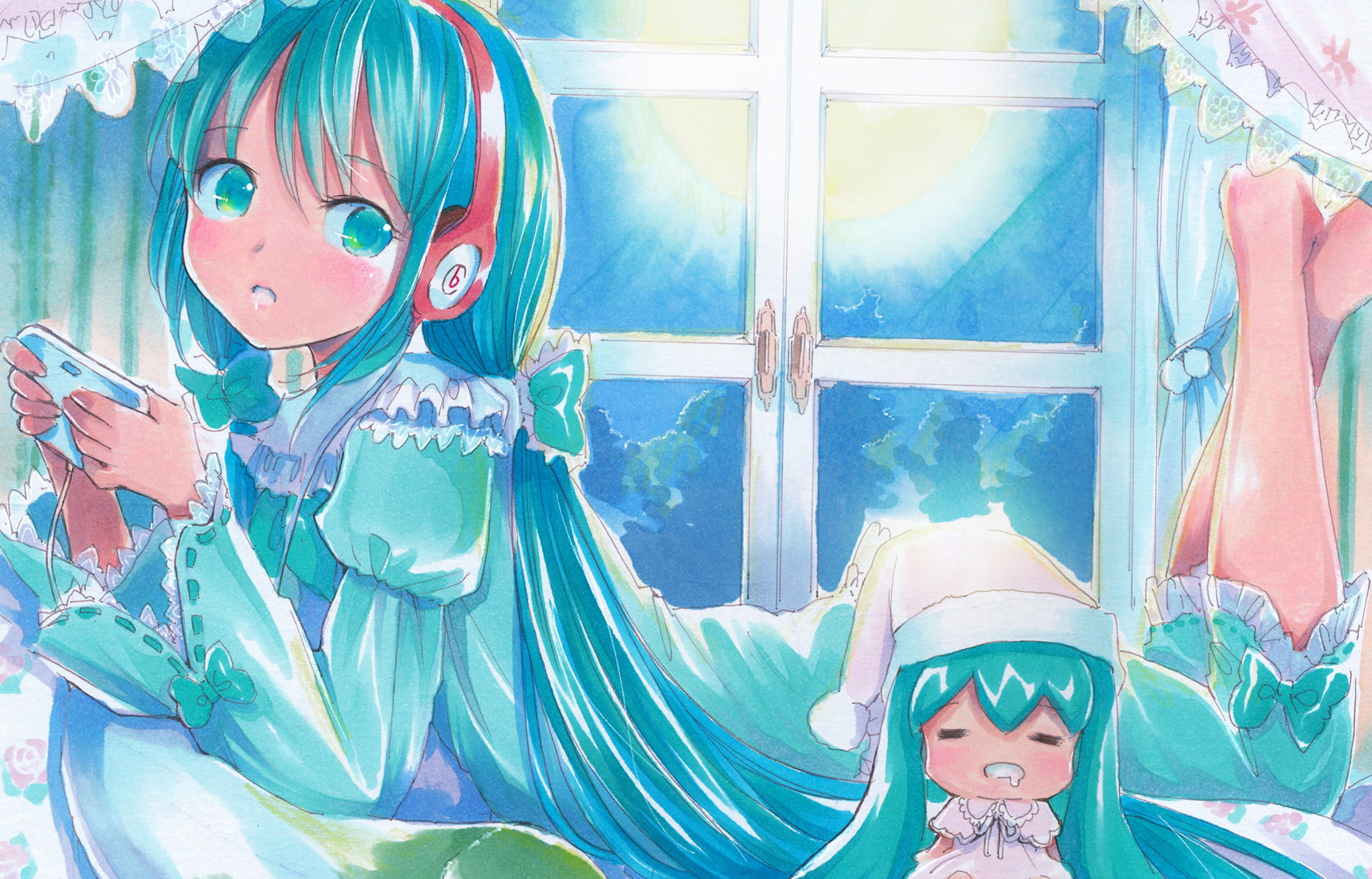 console, hair, eyes, hatsune, game, mayo, aqua, riyo, long, headphones, 1080P, vocaloid, miku, HD Wallpaper