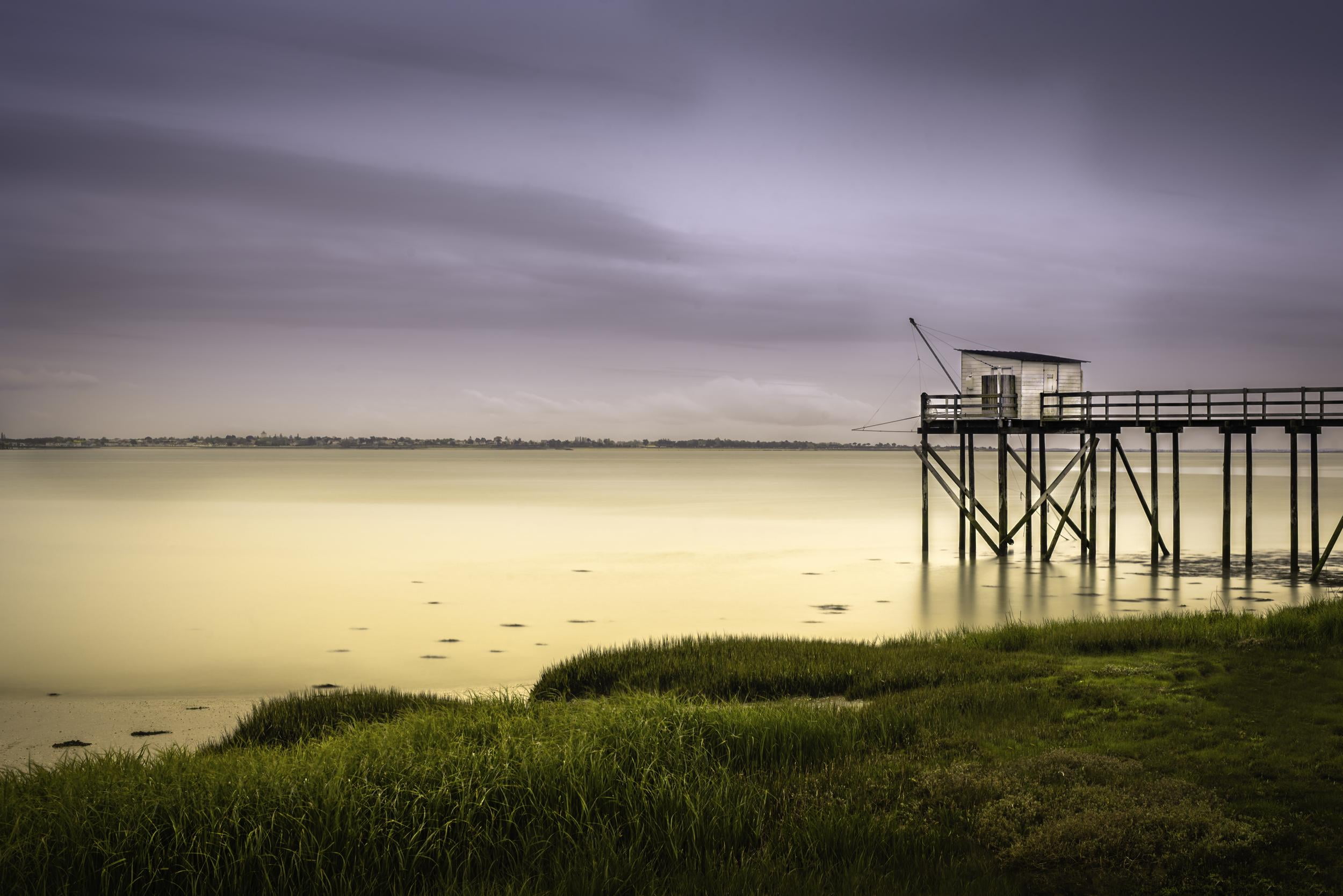lake, purple, landscape, colors, serein, 1080P, Fouras, NIKKOR, Charente Maritime, France, Nikon D750, body of water, pêche, green, exposure, dock, outdoors, HD Wallpaper