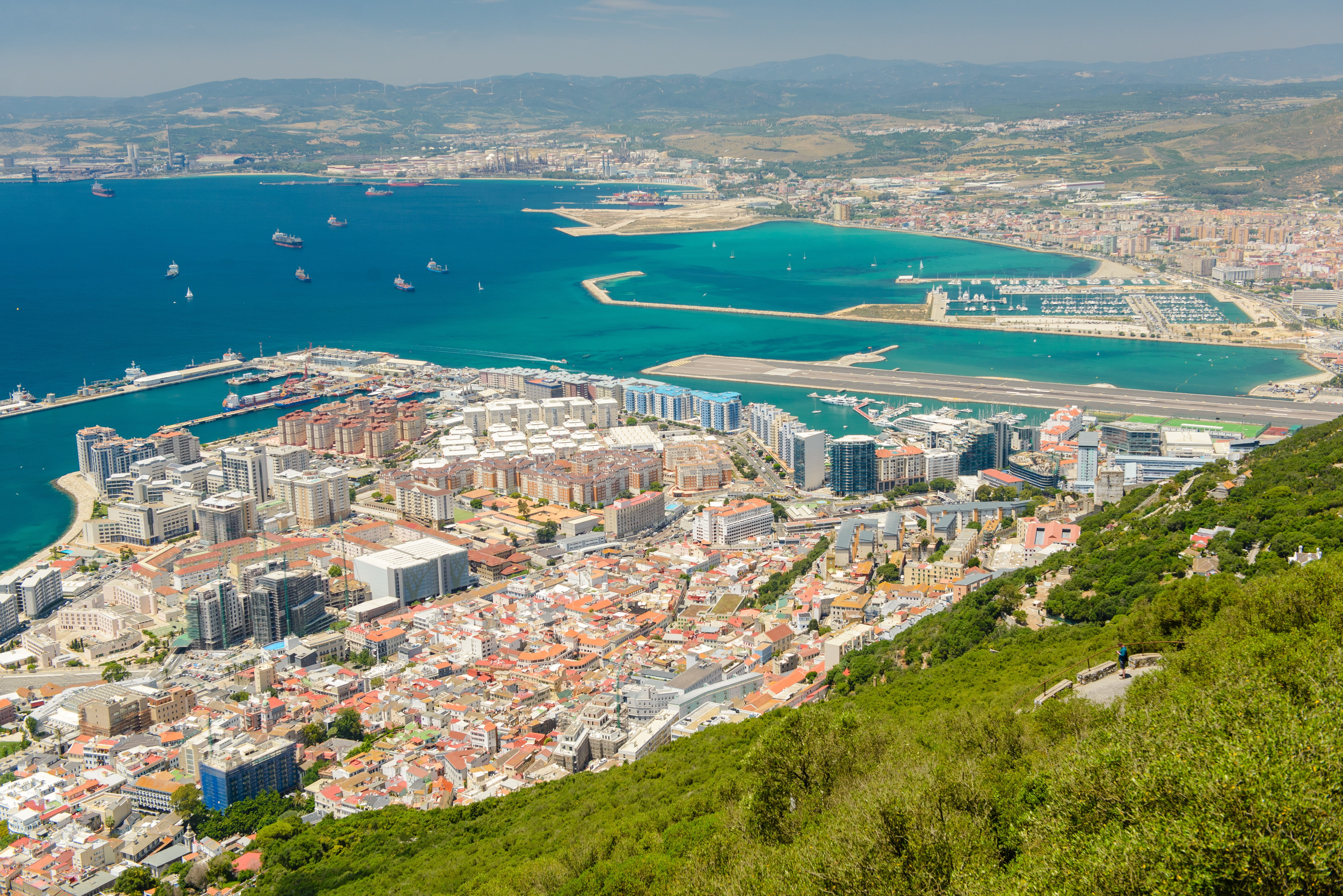 cityscape, tree, mountain, day, high angle view, building exterior, building, runway, water, 5K, blue, view, townscape, plant, aerial view, city, nature, HD Wallpaper