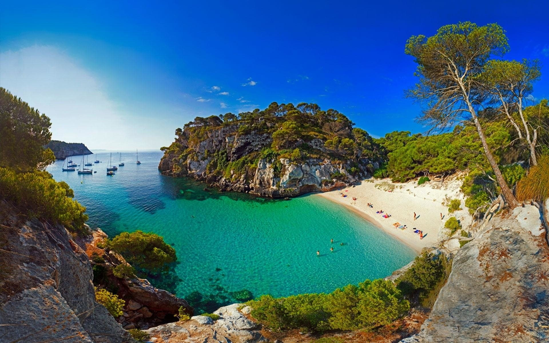 Ocean, Cliff, Photography, Rock, 1080P, Spain, Tree, Menorca, Yacht, Turquoise, Boat, Beach, HD Wallpaper