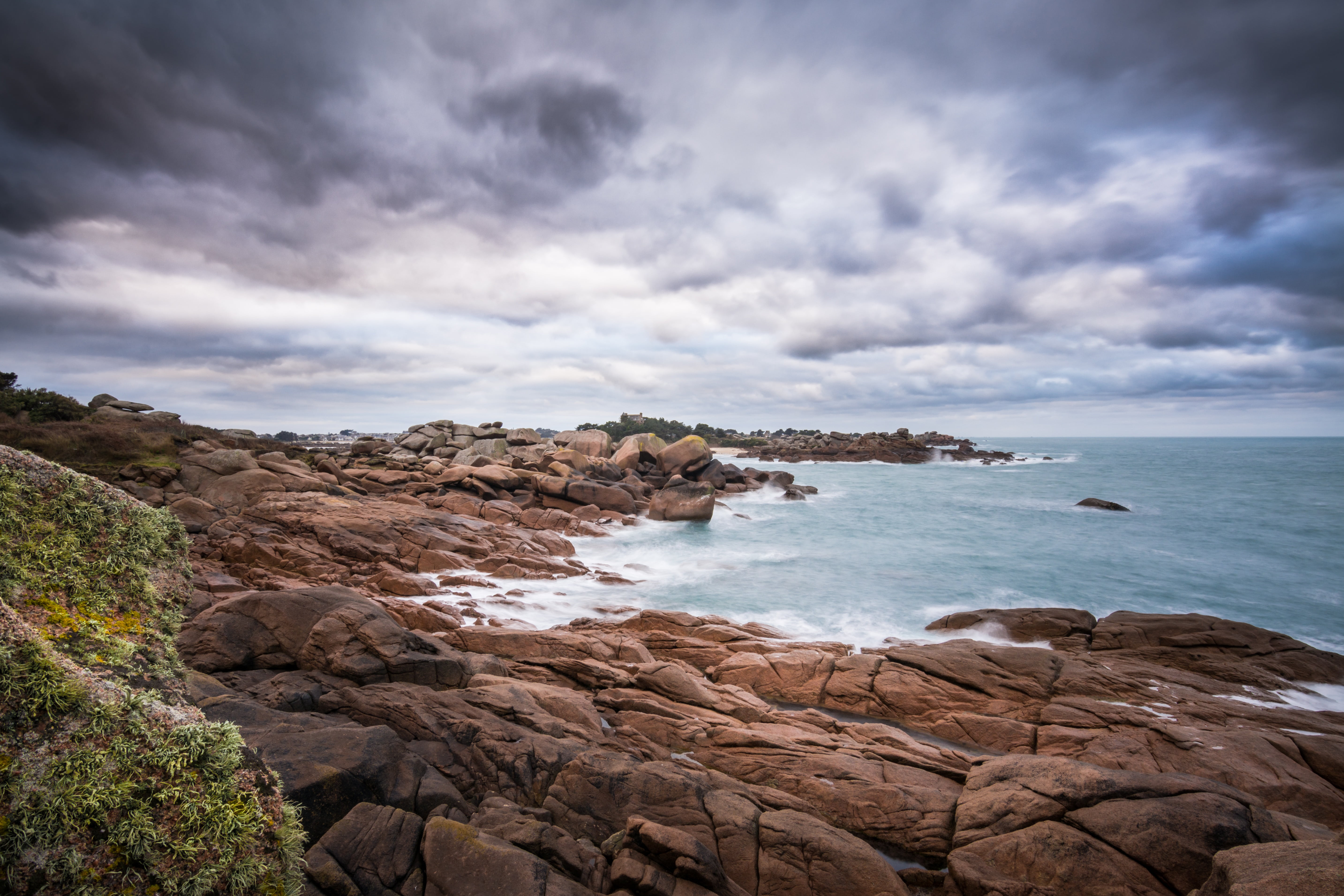 scene, landscape, stone, horizon over water, geology, trip, body, brittany, long exposure, perros-guirec, place, seaside, cloudscape, coast, rocky coastline, HD Wallpaper