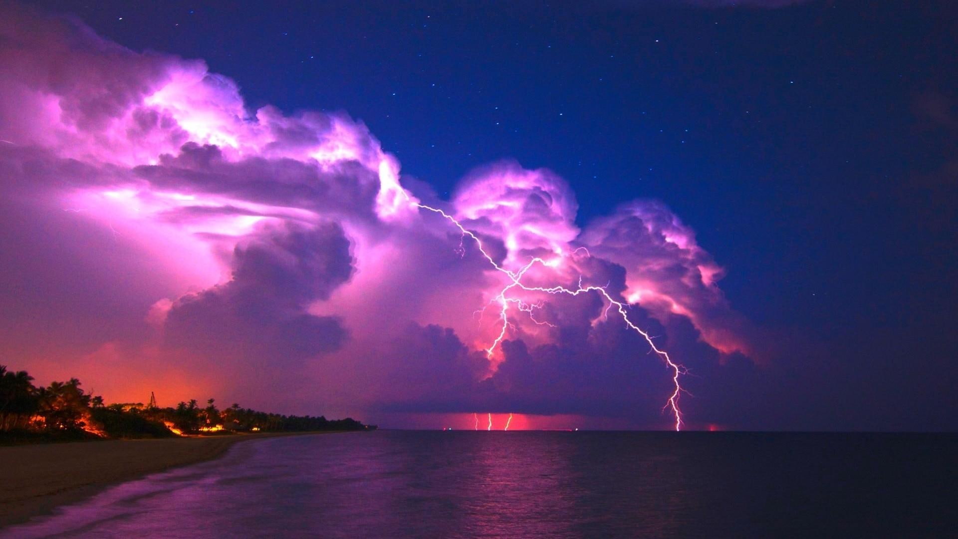 lightning, night sky, nature, stormy, 1080P, starry night, HD Wallpaper