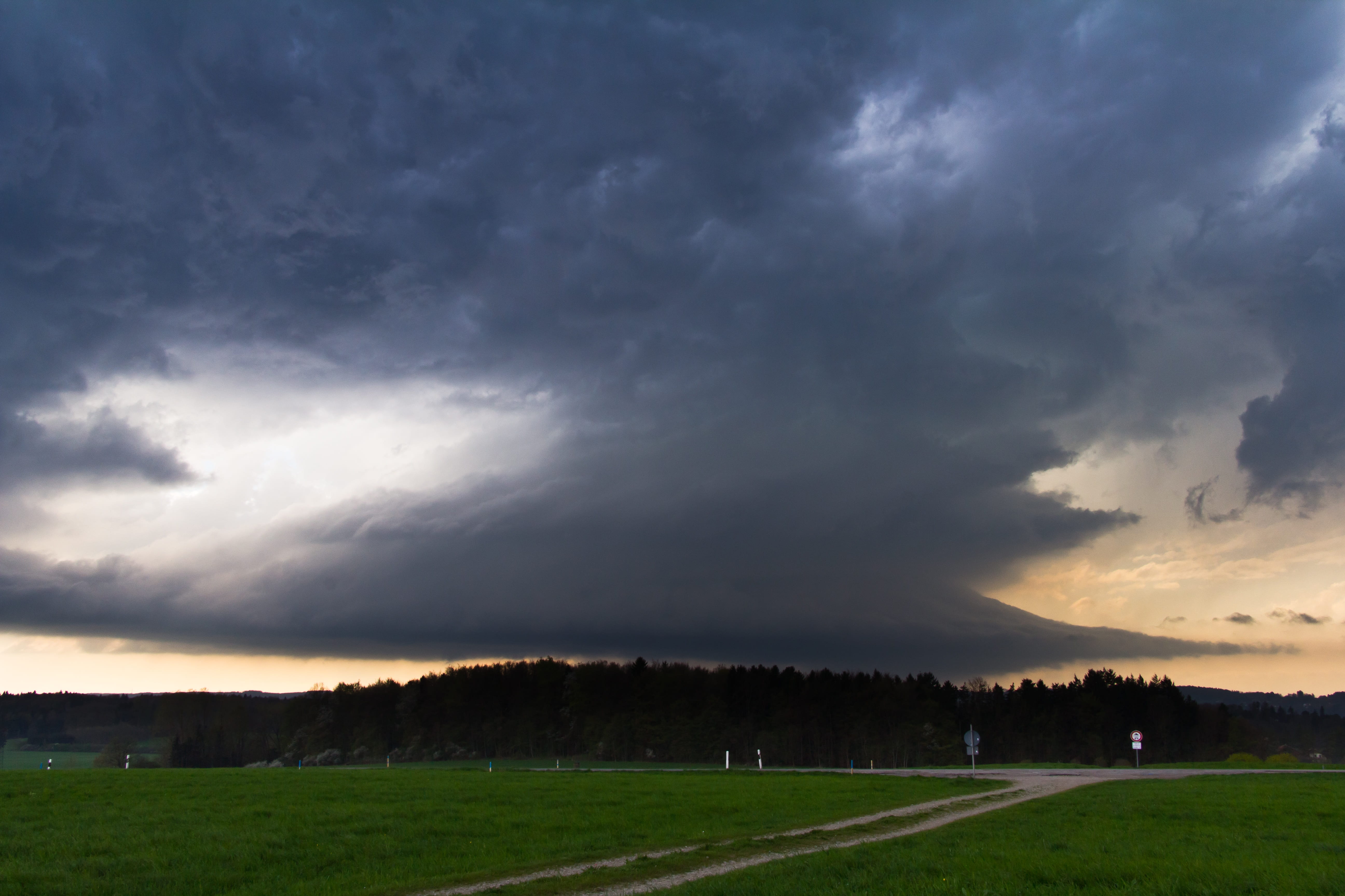 sunset, cumulonimbus, grass, squall line, nature, field, scenics - nature, storm cloud, 5K, outdoors, beauty in nature, landscape, dramatic sky, wall cloud, HD Wallpaper