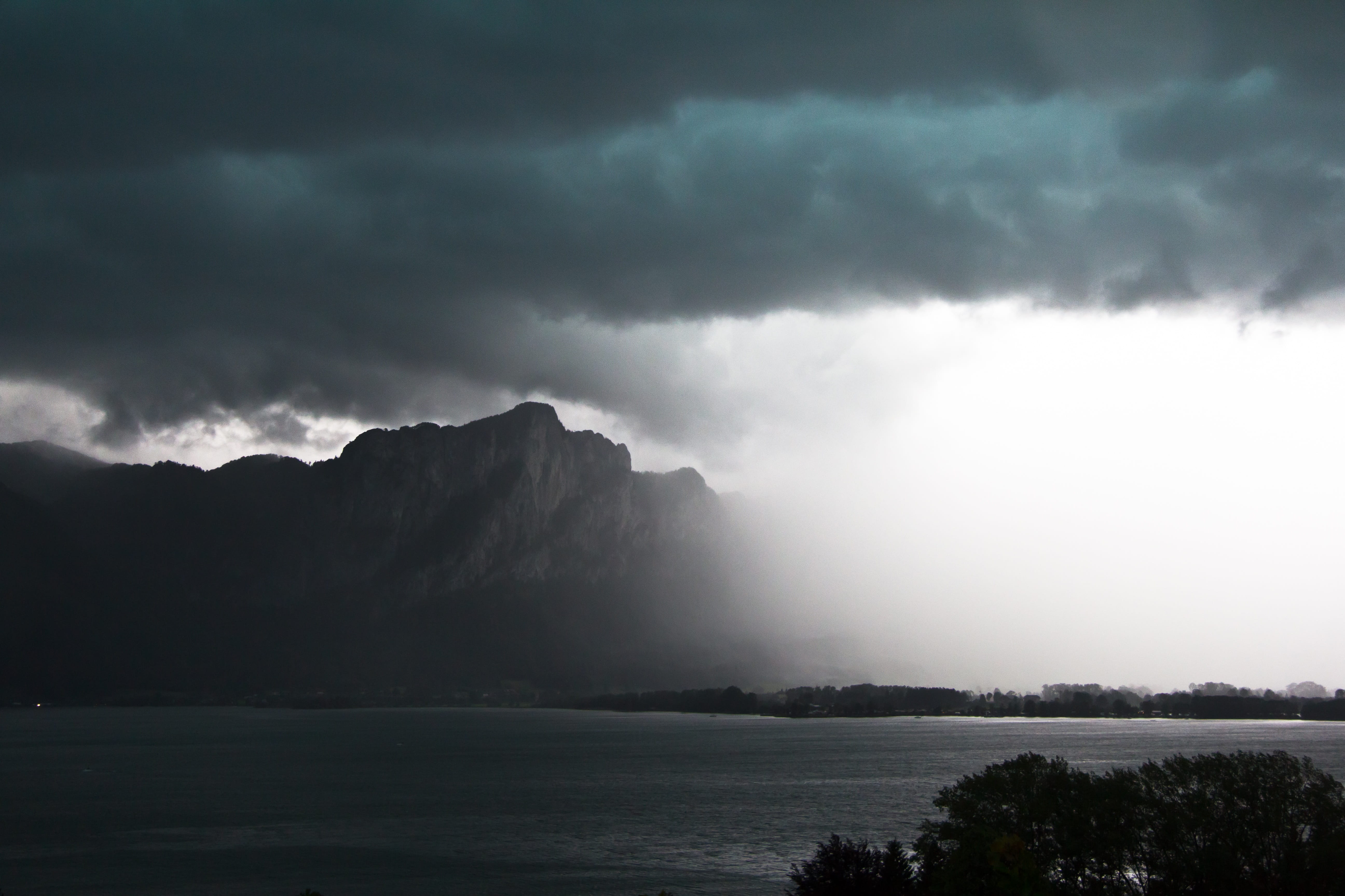 storm clouds, lake, fog, cumulonimbus, precipitate, plant, tranquil scene, storm front, precipitation core, dark, 5K, storm, mountains, dark clouds, nature, HD Wallpaper