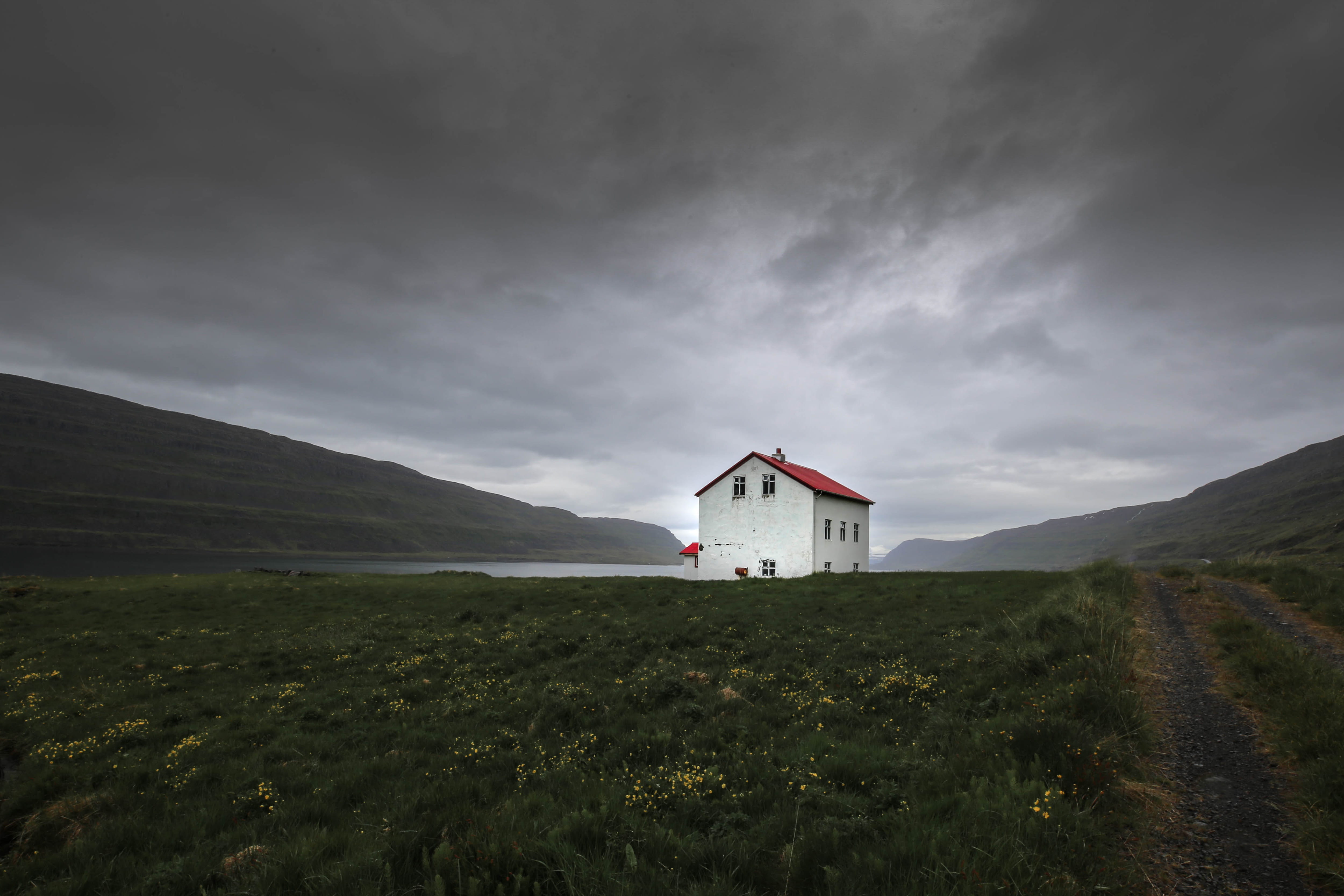 cloud - sky, outdoors, dramatic, grass, non-urban scene, land, plant, nature, 4K, building, environment, sky, mountain, building exterior, icelandic, beauty in nature, HD Wallpaper