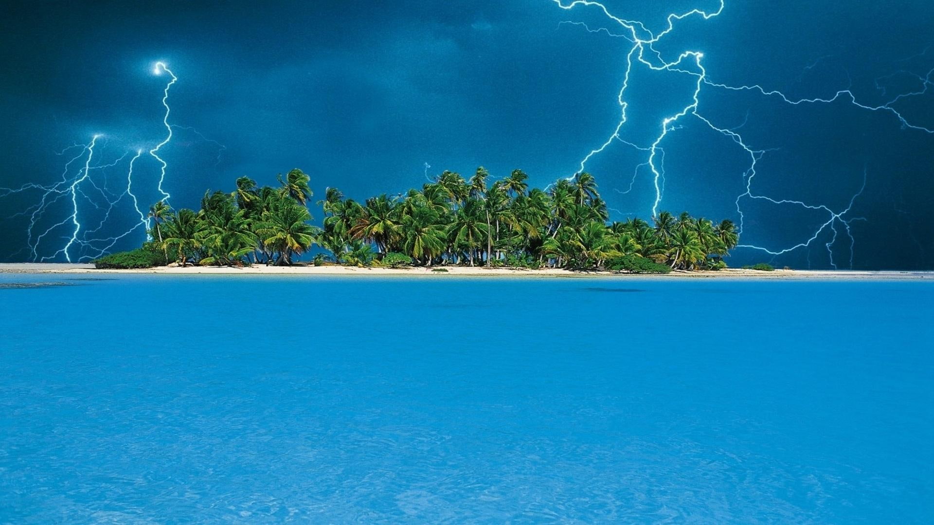 1080P, isl, scene, island, thunder, green, tree, lightning, coconut, beach, tropical, clouds, photo, nature and landscapes, HD Wallpaper