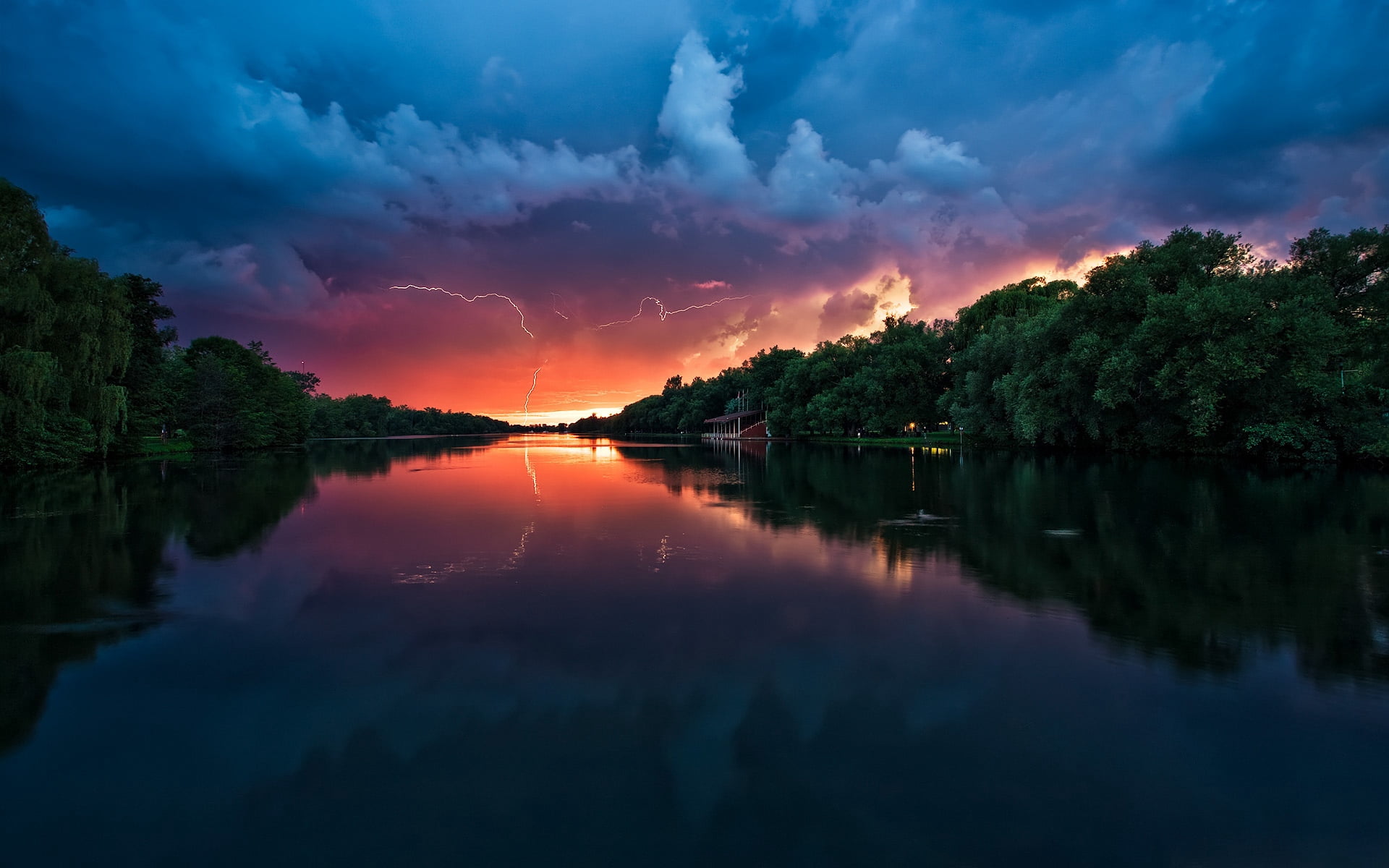 cloudscape, outdoors, sunrise - Dawn, clouds, mountain, plant, night, blue, tree, sunlight, no People, dusk, green, sunset, cloud - Sky, river, park - Man Made Space, HD Wallpaper