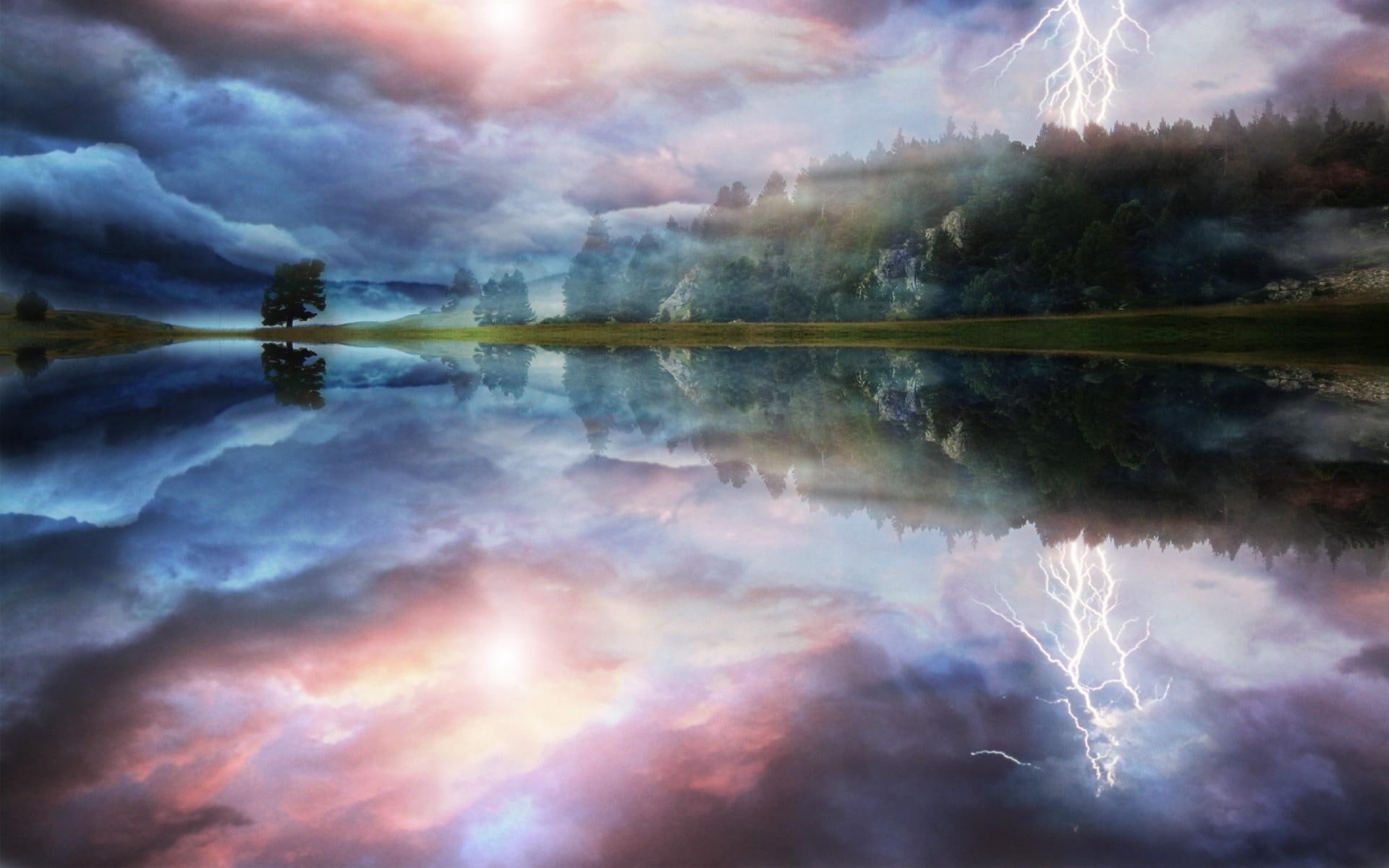 lightning, force, reflection, nature, thunder, 1080P, nature and landscapes, amazing, lake, colors, HD Wallpaper
