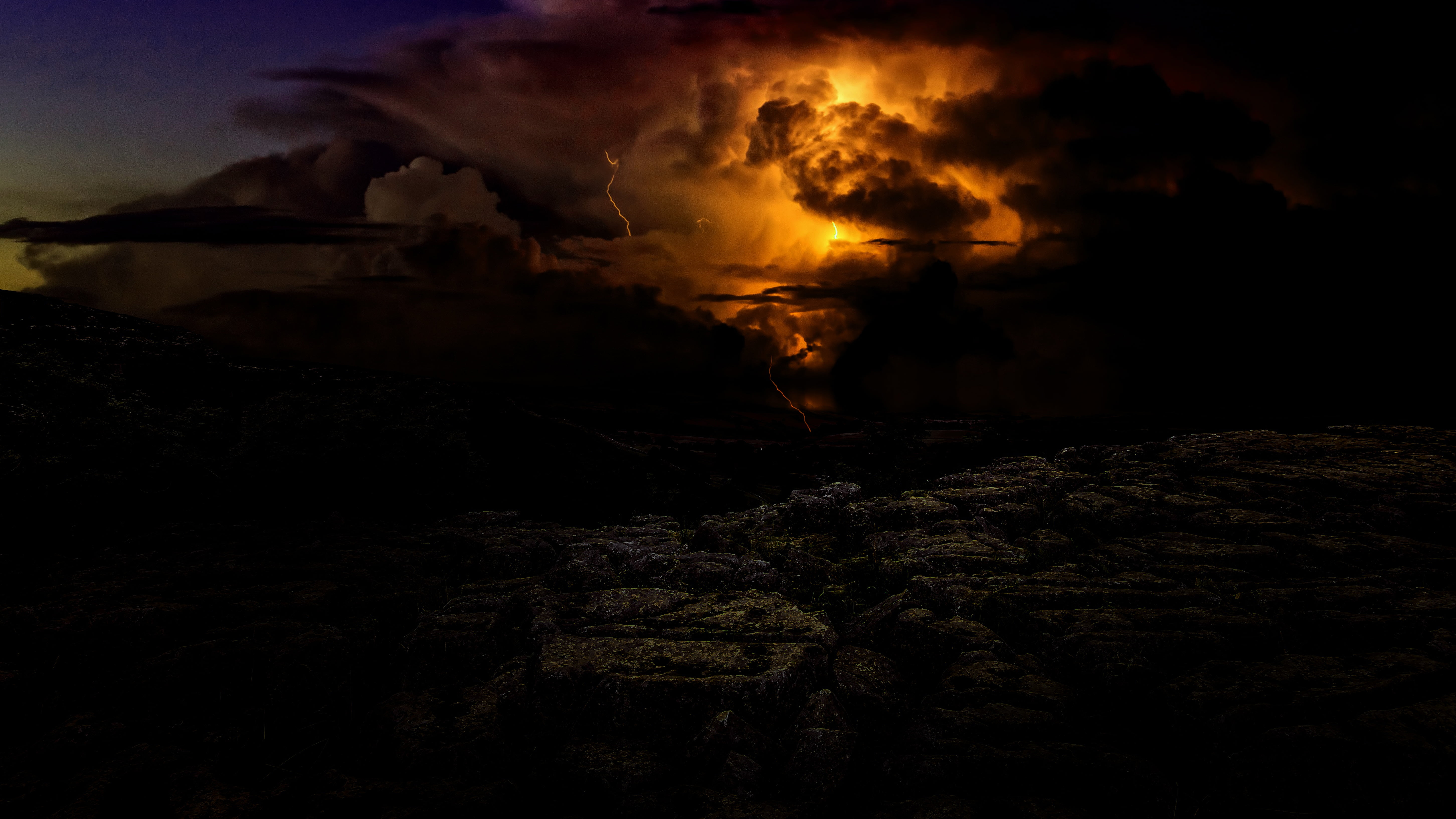 no people, storm, power in nature, heat - temperature, environment, thunder, sign, twilight, orange color, sky, nature, fire, night, burning, warning sign, HD Wallpaper