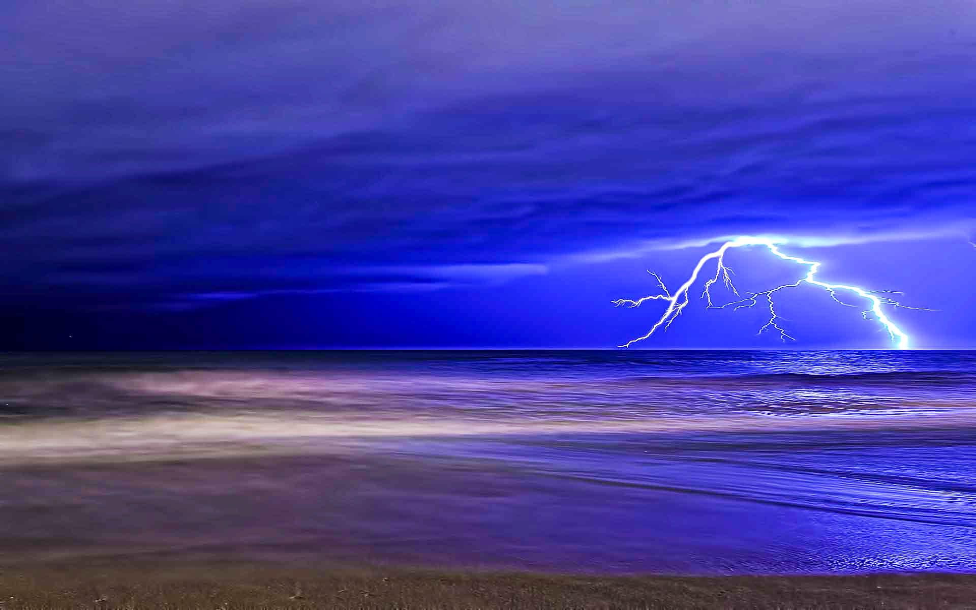 blue, beach, lightning, 1080P, thunder, 3d and abstract, ocean, HD Wallpaper