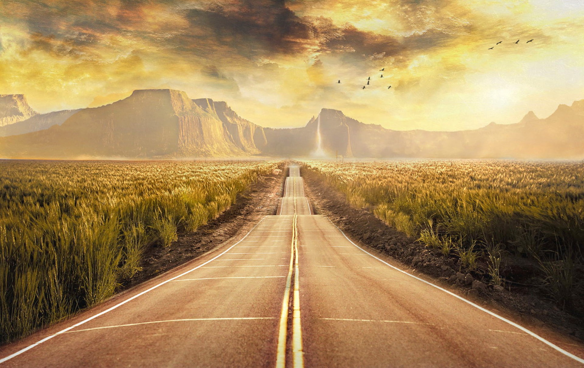 1080P, mountains, processing, clouds, Birds, road, field, landscape, HD Wallpaper