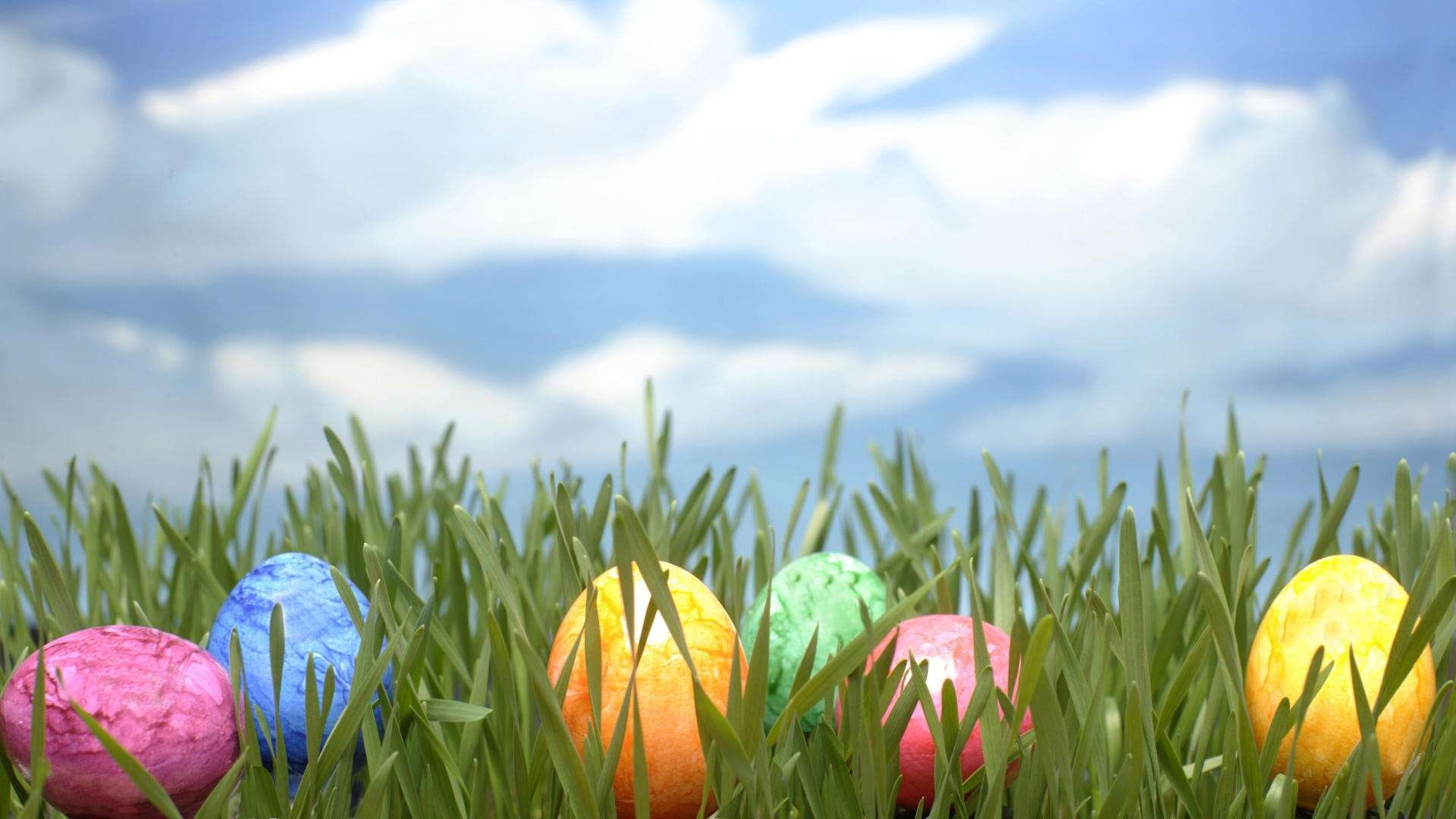 easter, sky, grass, hidden, hd, clouds, eggs, colored, 1080P, HD Wallpaper