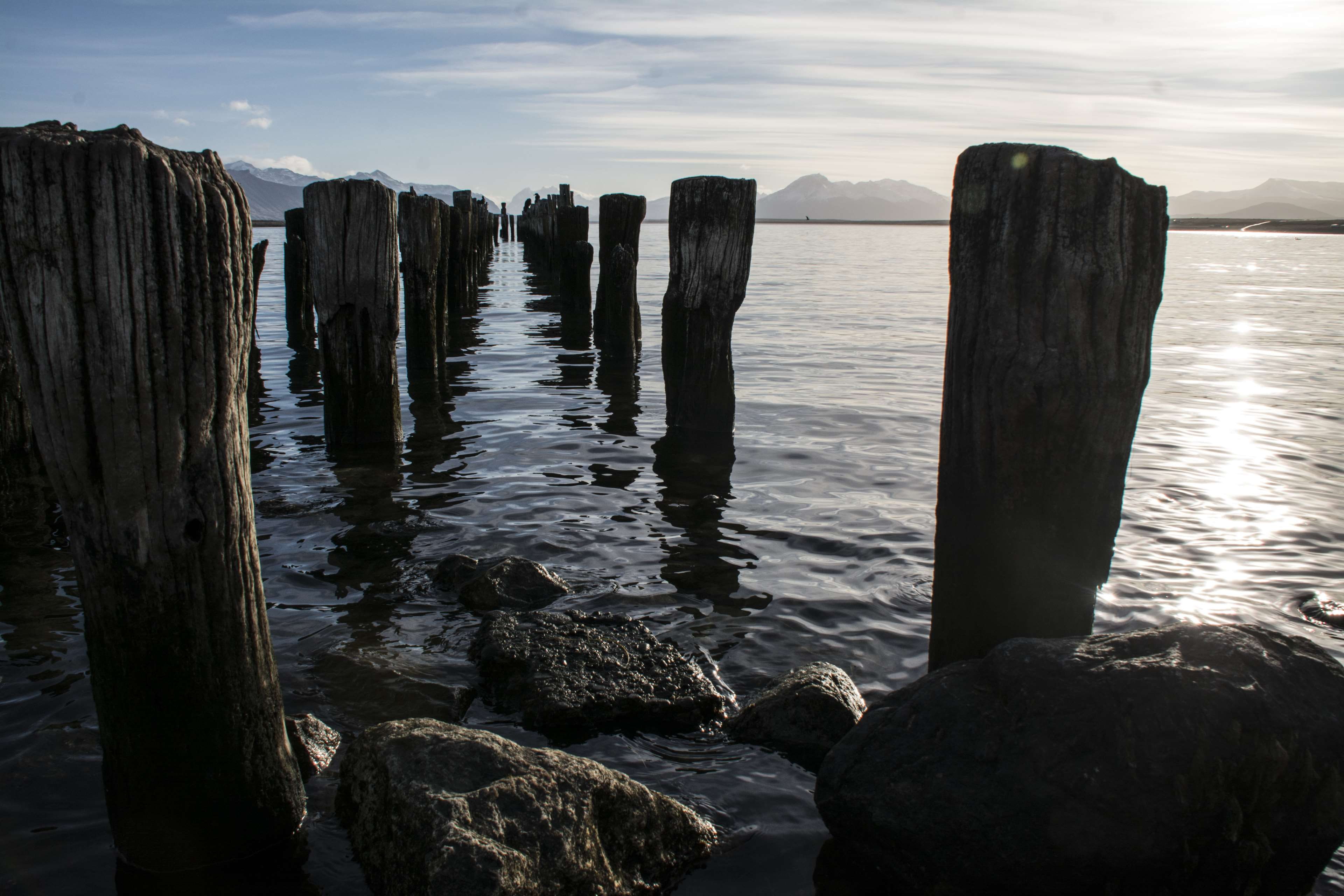 no people, chilevirtual, sea, sky, puerto natales, rock formation, scenics - nature, wood - material, solid, cloud - sky, nature, rock - object, tranquil scene, HD Wallpaper