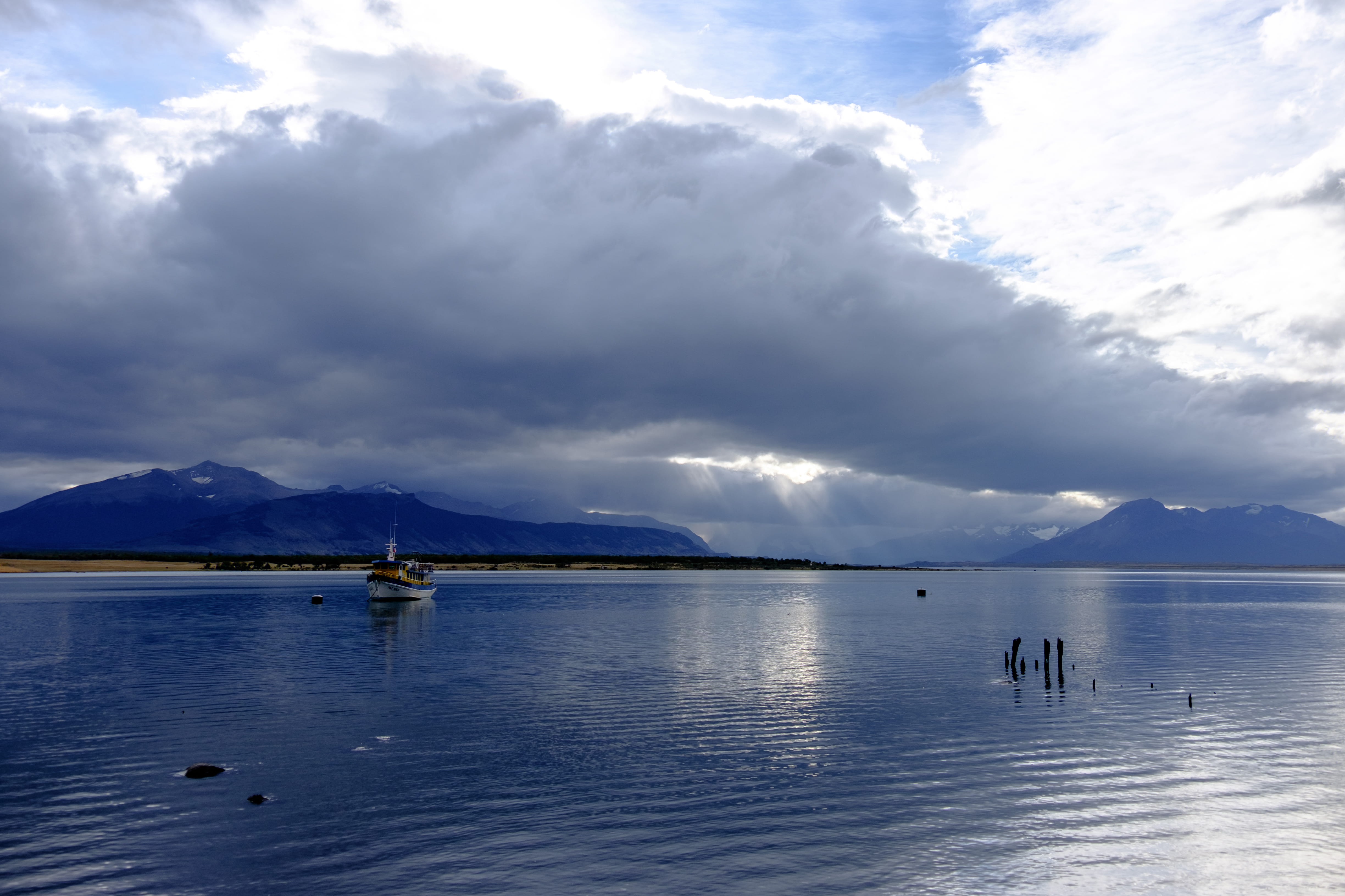 tranquility, reflection, cloud - sky, mountain range, ocean, day, nature, sea, snow peaks, lake, idyllic, 4K, mountain, waterfront, boat, transportation, HD Wallpaper