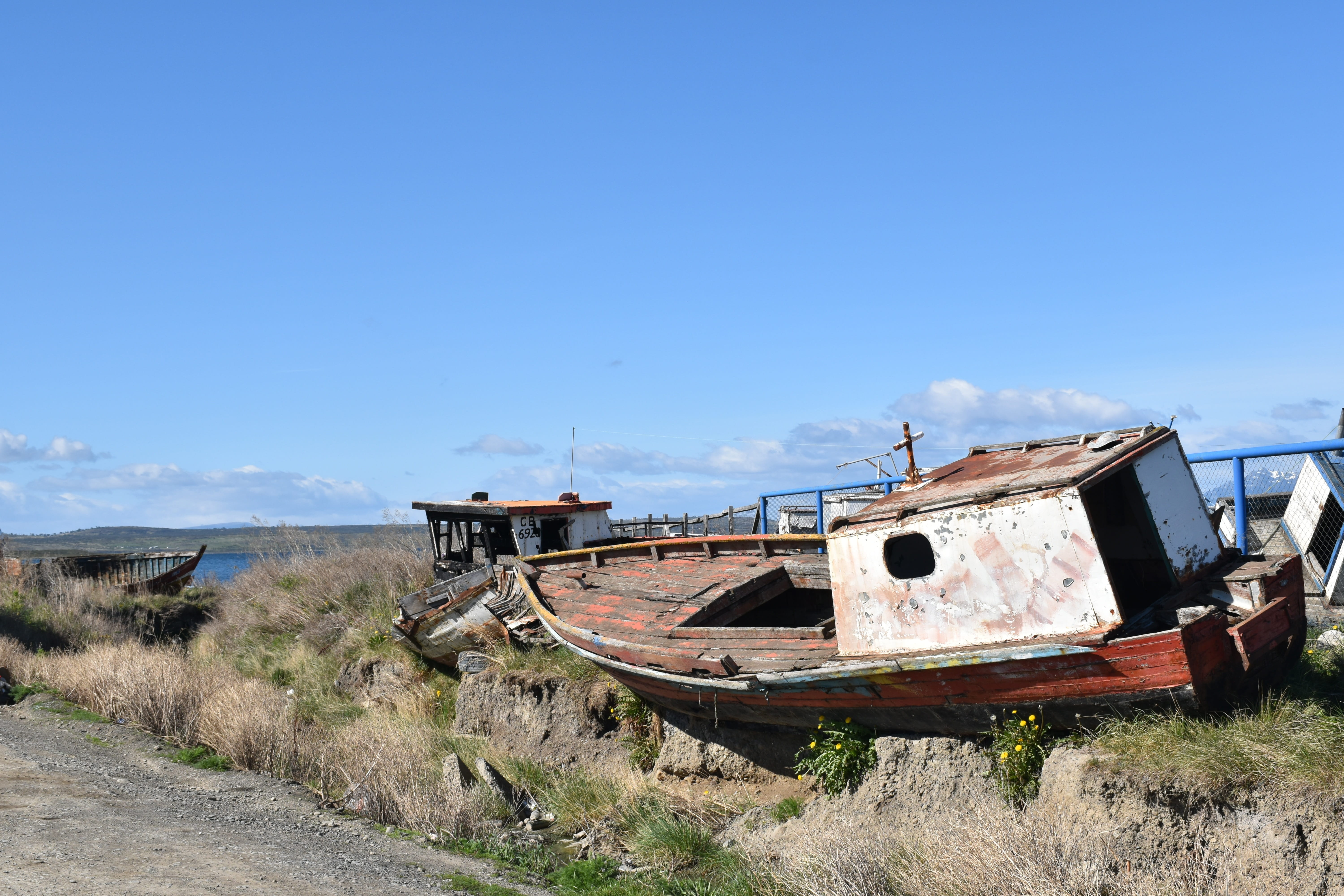 old, land, damaged, field, patagonia, chile, boat wreck, rusty, copy space, day, sky, deterioration, ruined, puerto natales, run-down, nautical vessel, HD Wallpaper