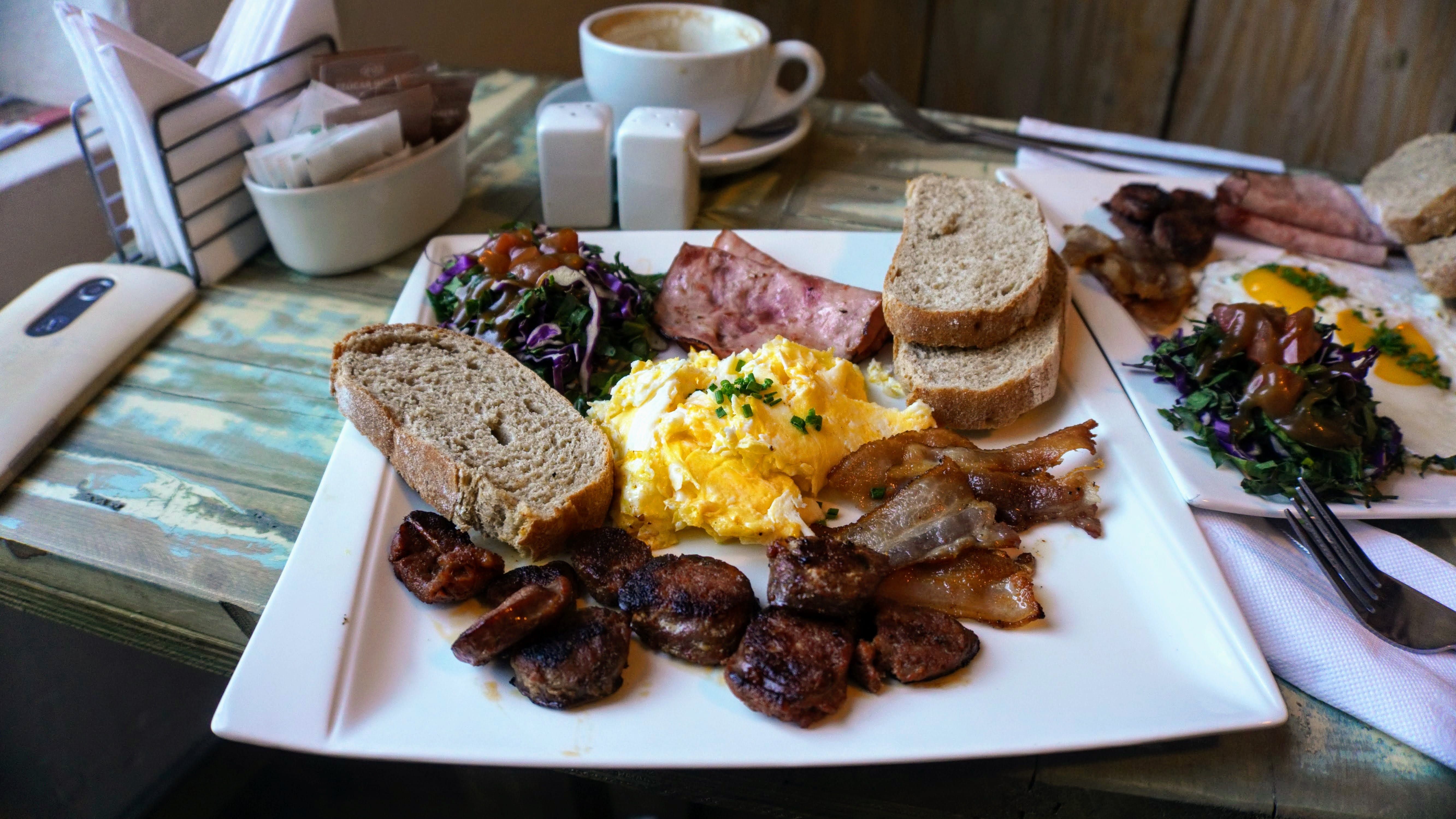 toast, meal, high angle view, 5K, freshness, food and drink, still life, egg, healthy eating, no people, wellbeing, sausage, ready-to-eat, plate, temptation, HD Wallpaper