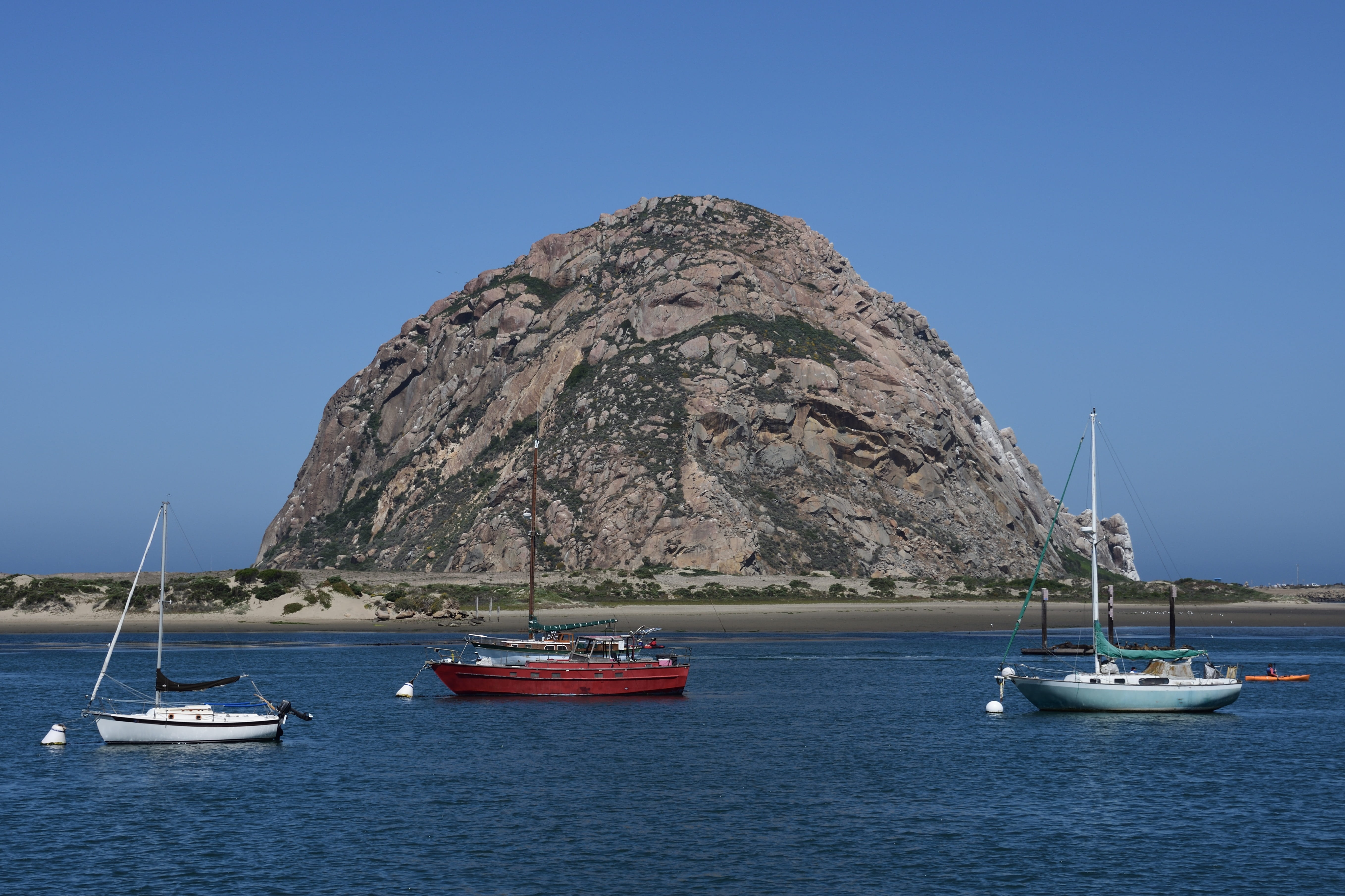 no people, moored, 5K, morro bay, boat, sea, day, clear sky, sailing, sailboat, nautical vessel, ocean, travel, yacht, beauty in nature, mountain, waters, HD Wallpaper