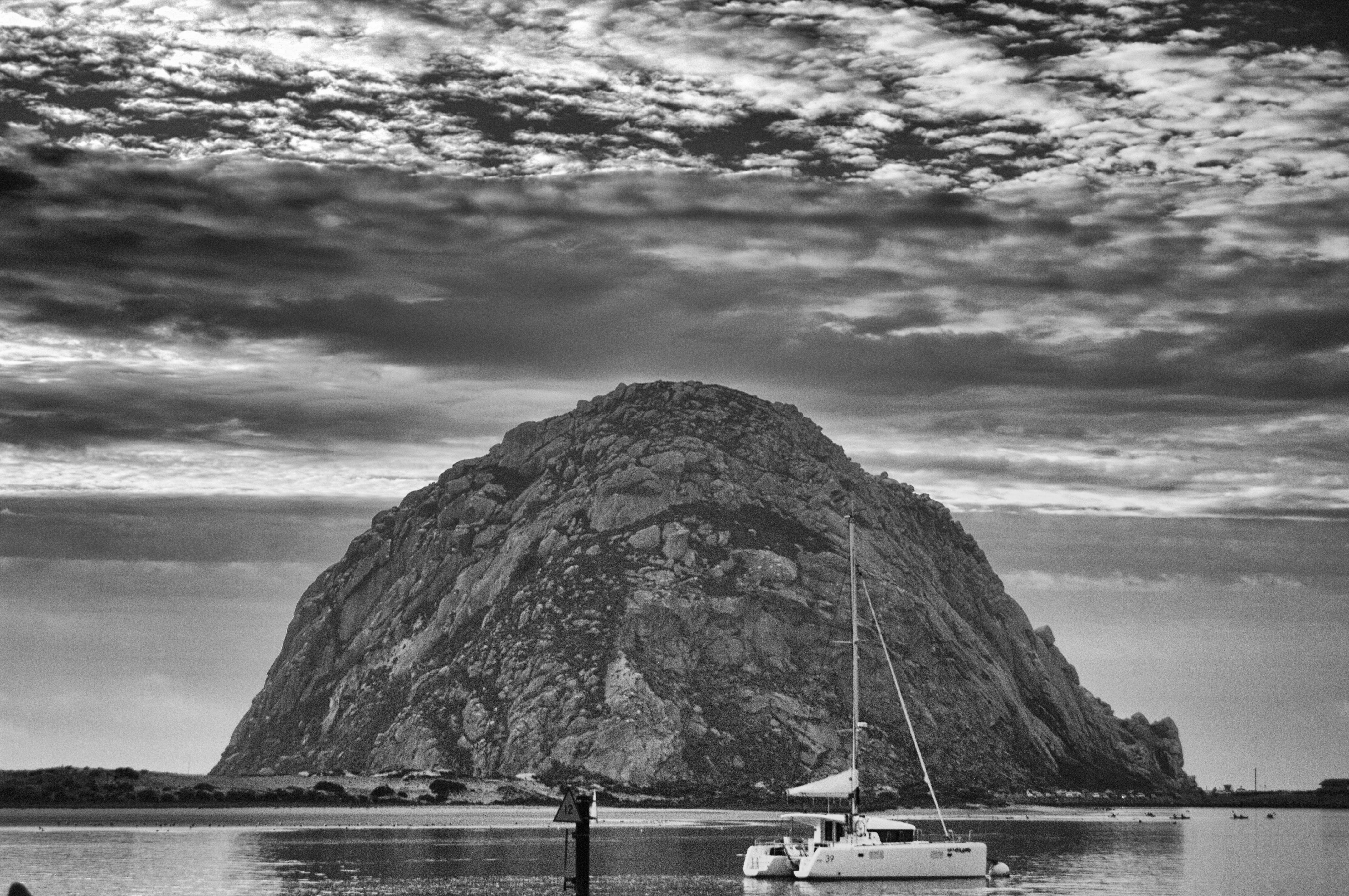 tranquility, boat, tranquil scene, ship, drama, sky, dramatic, ocea, b and w, nature, mountain, outdoors, waterfront, water, mode of transportation, 4K, HD Wallpaper