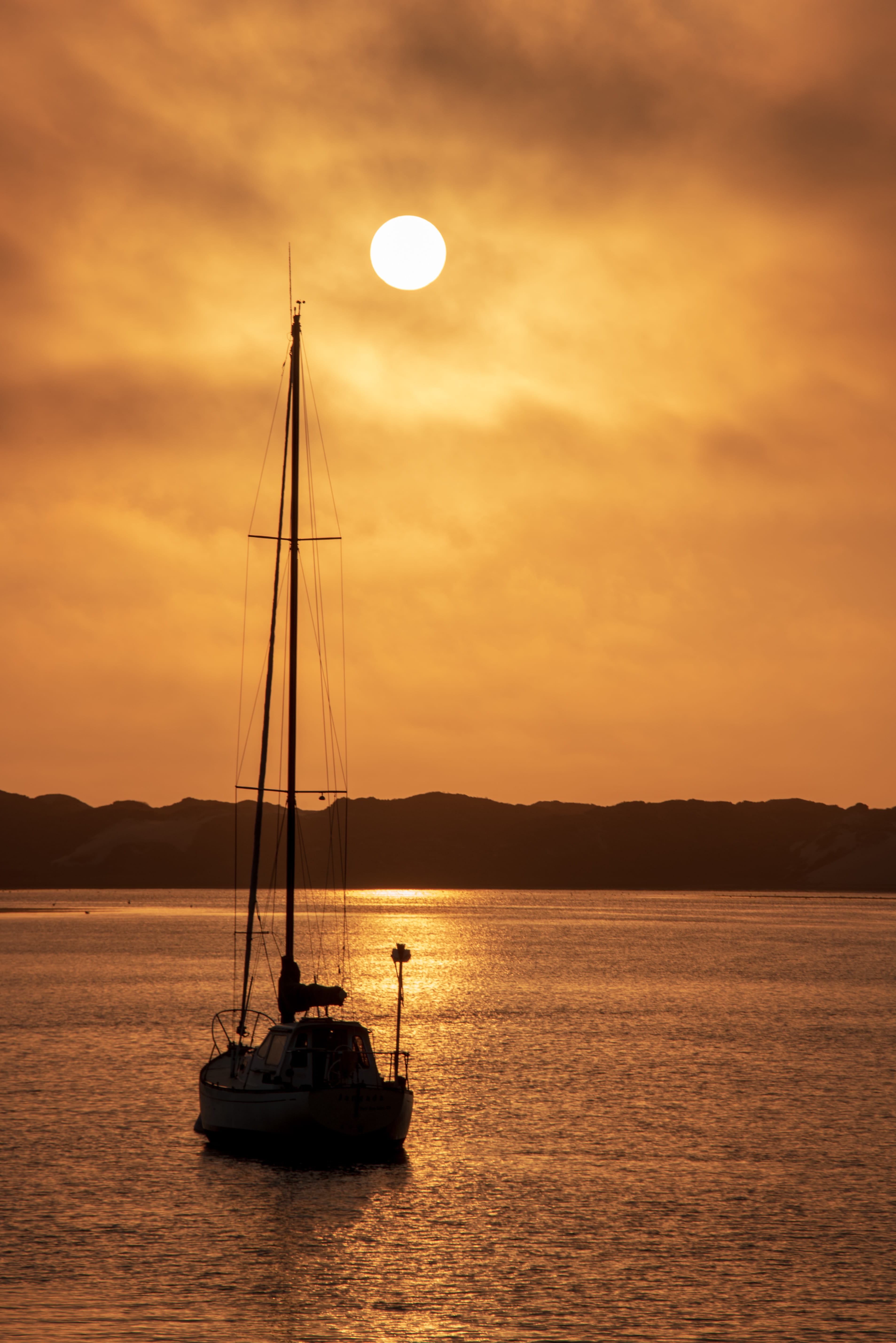 waterfront, 5K, outdoors, water, orange color, california, yacht silhouette, sky, morro bay, silhouette, sea, nautical vessel, tranquil scene, idyllic, Phone HD Wallpaper