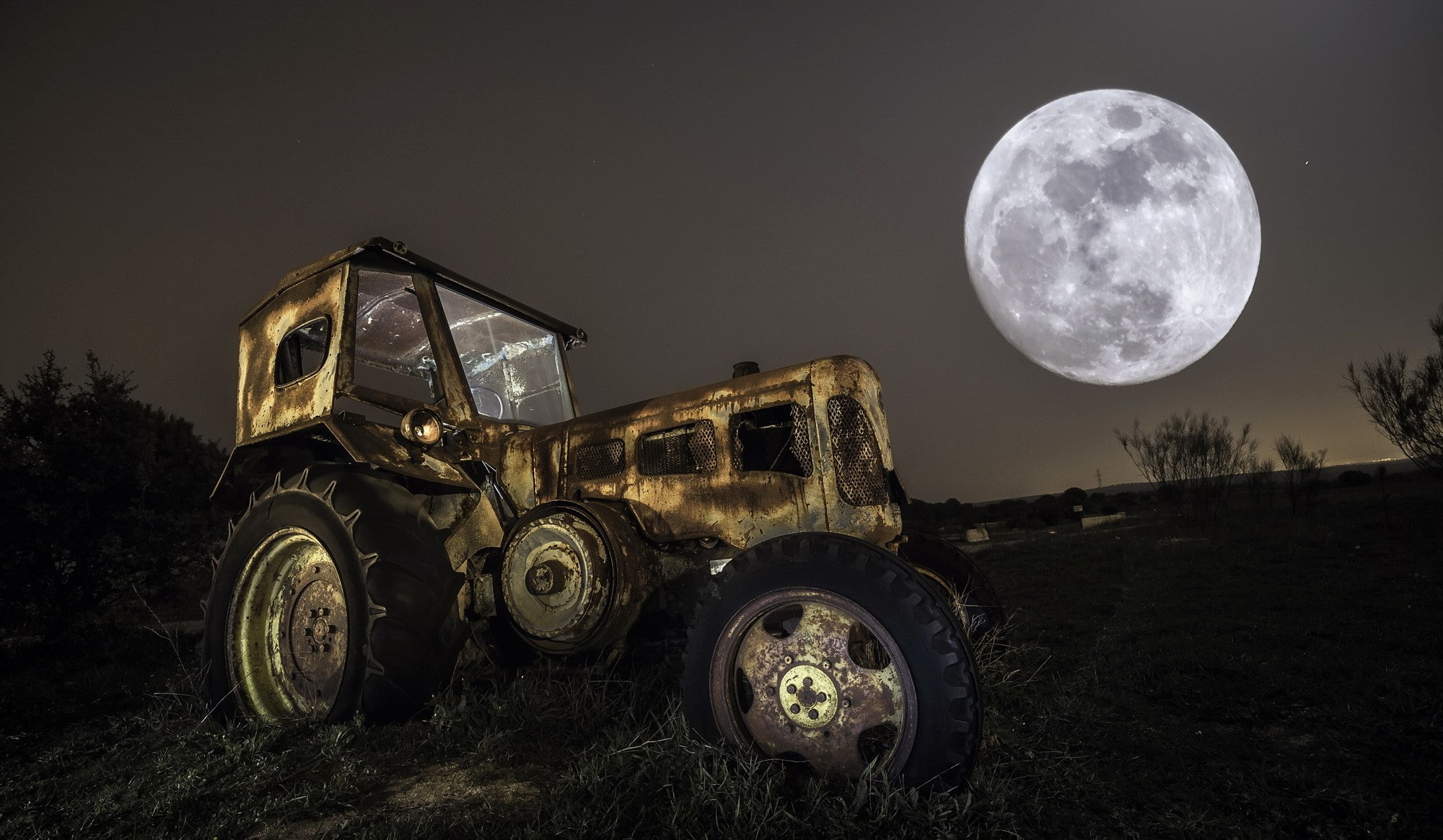 sky, nature, mode of transportation, field, land vehicle, geometric shape, transportation, tractors, landscape, scenics - nature, full moon, 1080P, planetary moon, HD Wallpaper