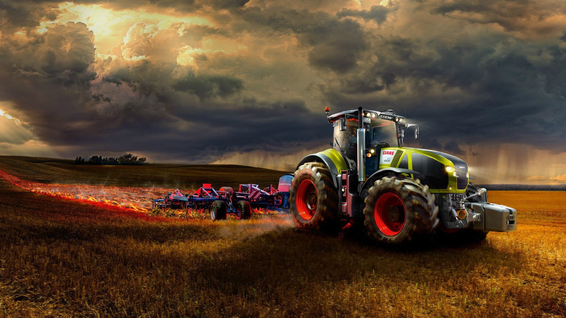 land vehicle, farm, harvesting, 1080P, Vehicle, Field, mode of transportation, agriculture, sunset, nature, landscape, environment, Tractor, outdoors, HD Wallpaper