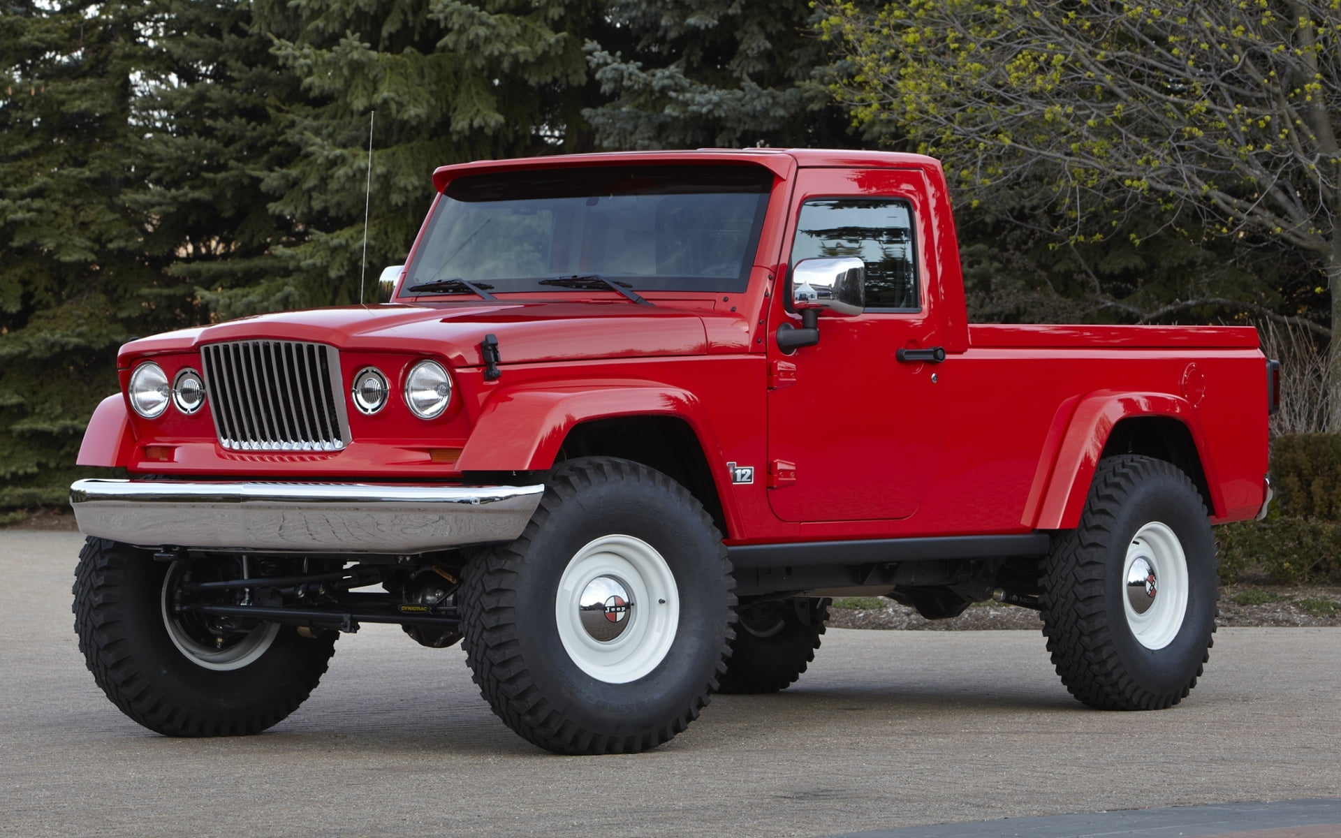 concept, cab, black color, truck, side view, SUV, the concept, red, jeep, metal, single, tire, land vehicle, 1080P, trees, transportation, stationary, HD Wallpaper