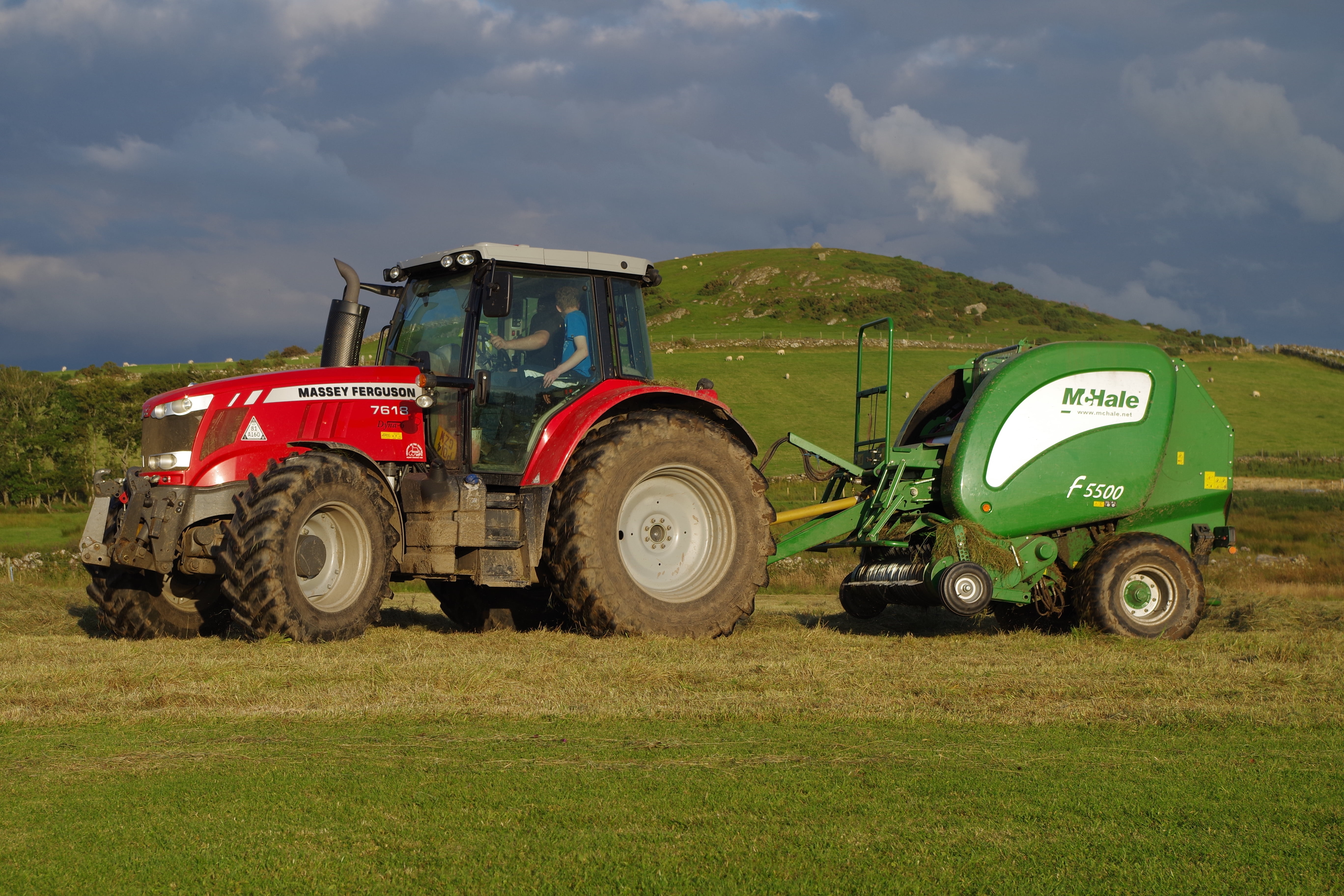 farming, field, bale, landscape, rural Scene, farm, tractor, agriculture, truck, land, machinery, baler, hay, grass, day, dirt, country, mode of transportation, HD Wallpaper