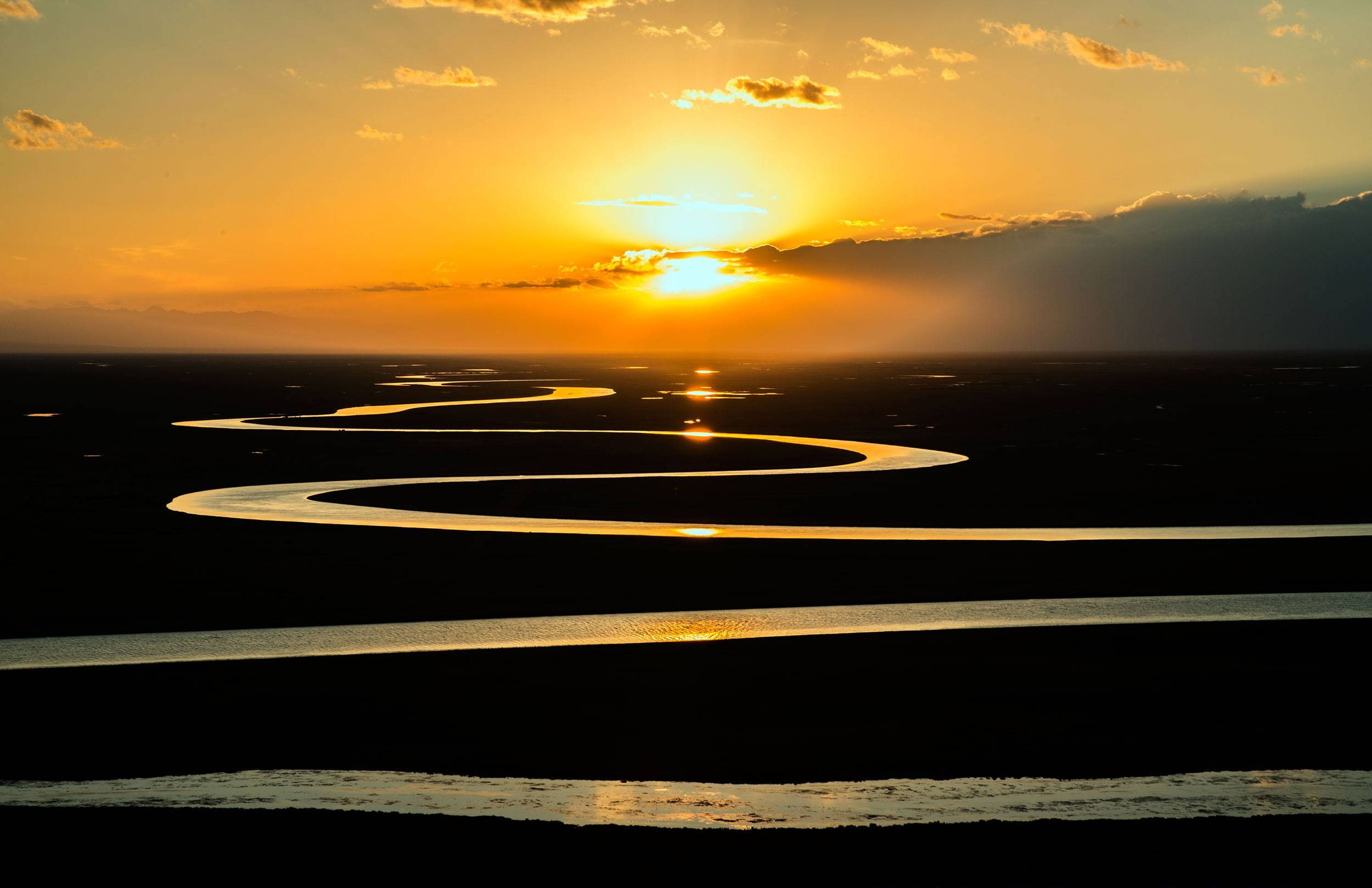 nature, 1080P, river, prairie, sunset, curved, stream, sunrise, HD Wallpaper