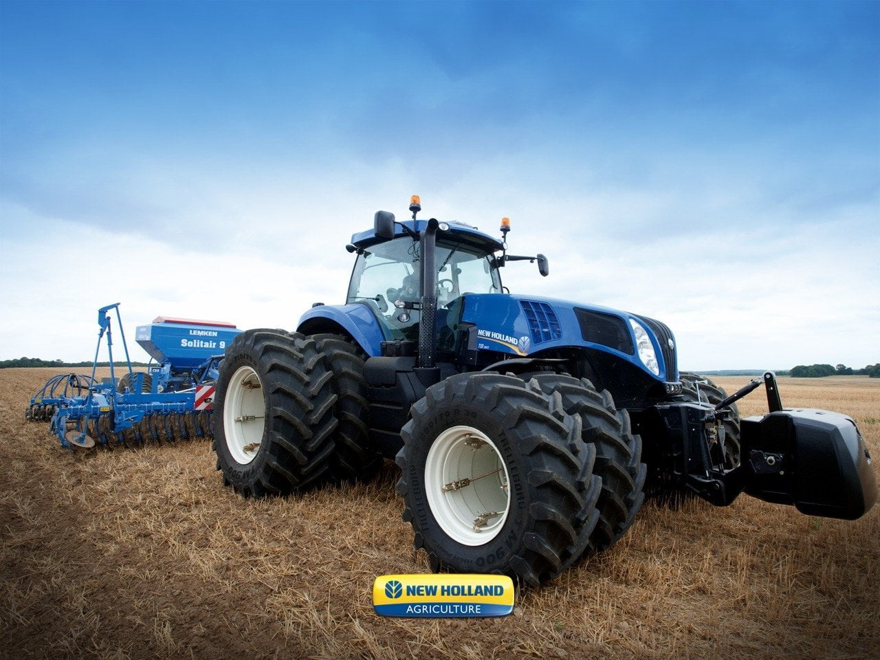 720P, cloud - sky, agriculture, mode of transportation, wheel, New Holland Tractor, sky, blue, outdoors, land, agricultural machinery, Tractors, land vehicle, HD Wallpaper
