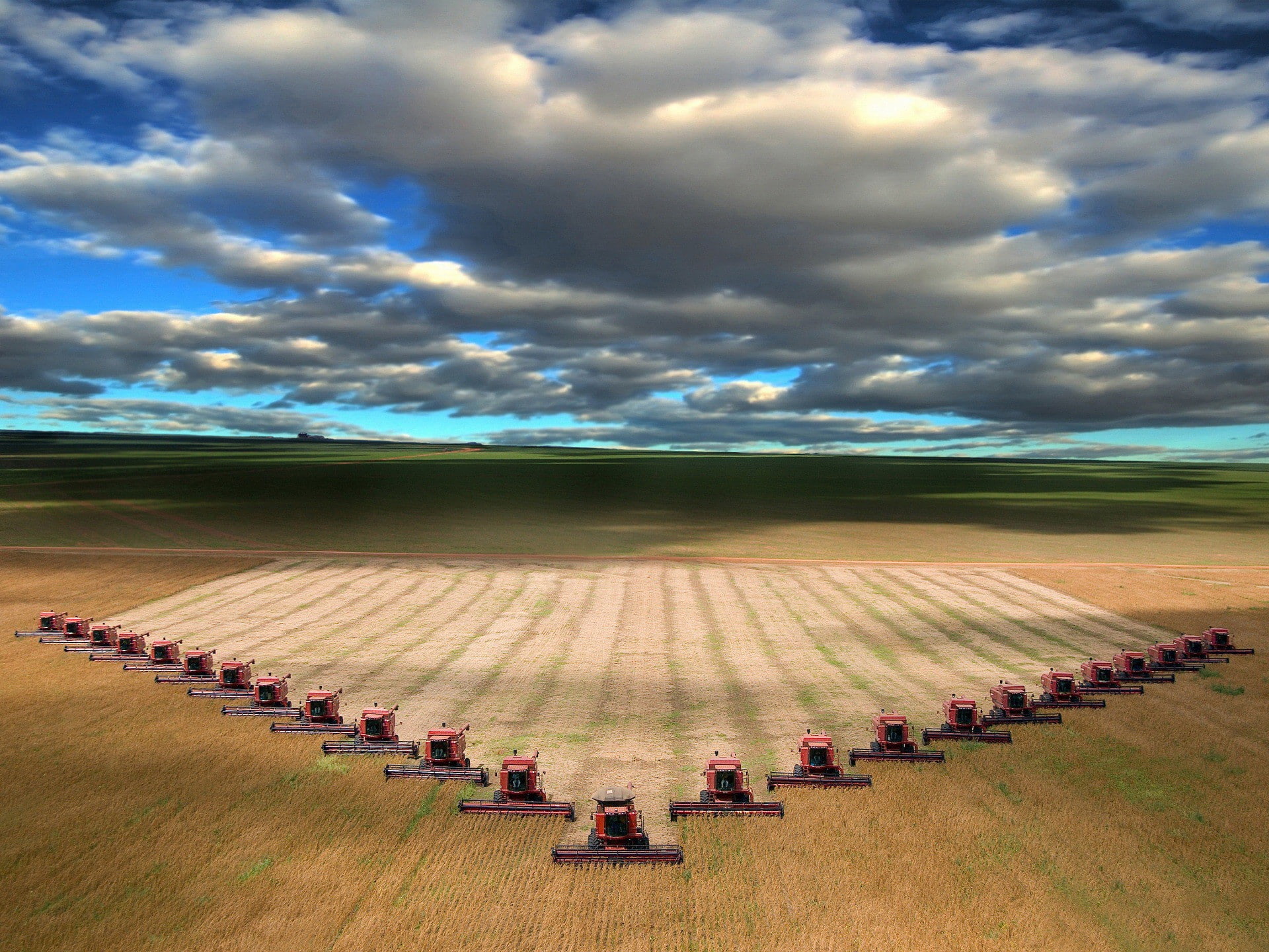 horizon, harvester, combiners, lot, red, field, 1080P, clouds, combine, HD Wallpaper