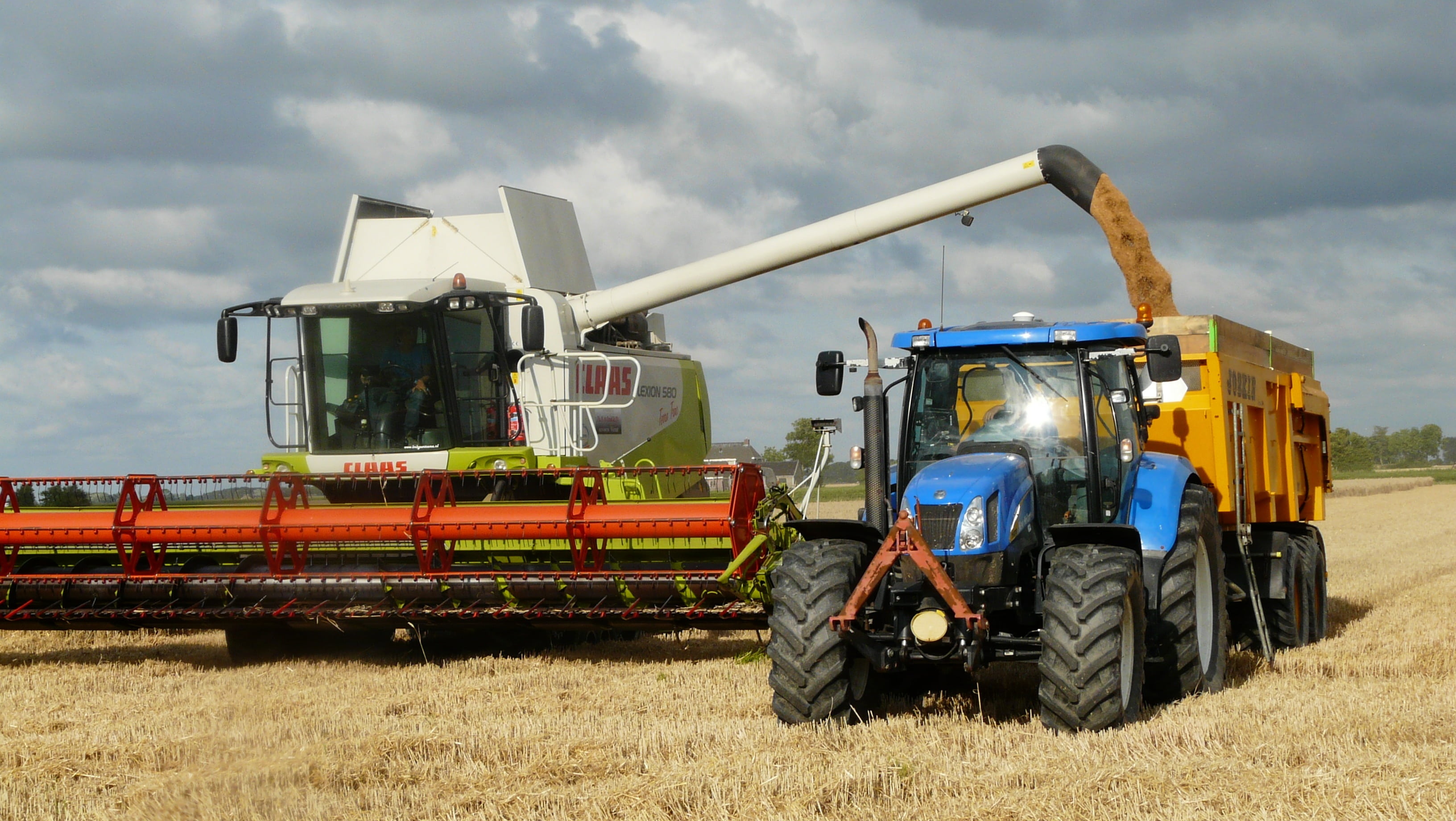 tractor, landscape, occupation, grain, combine, machinery, harvest time, green, agricultural vehicles, combine harvester, field, sky, agricultural equipment, HD Wallpaper