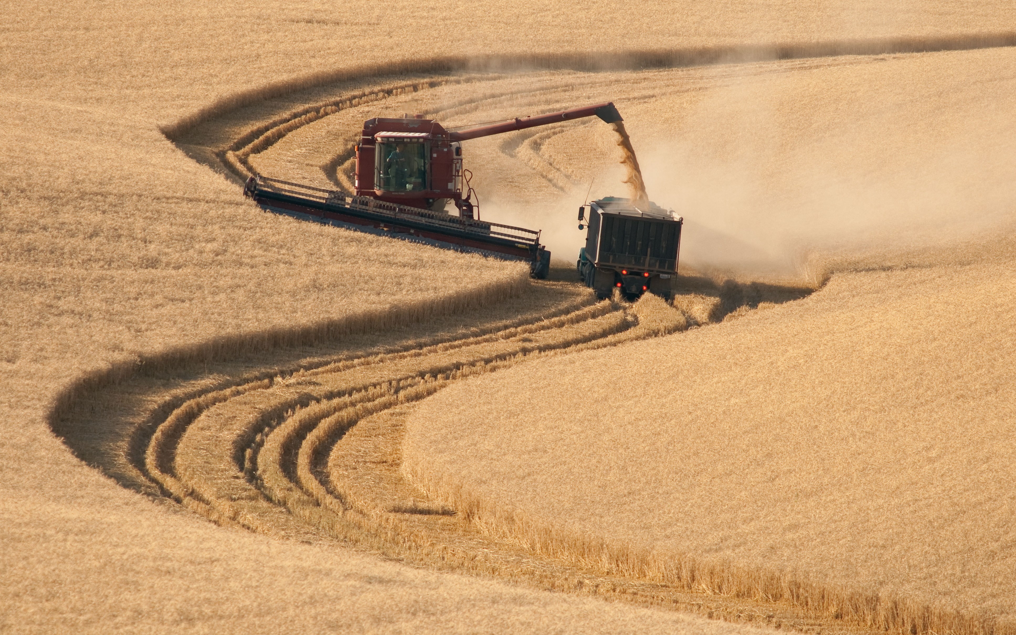 land, 4K, land vehicle, farm, harvesting, motion, dust, outdoors, environment, crop, machinery, nature, field, mode of transportation, combine, day, landscape, HD Wallpaper