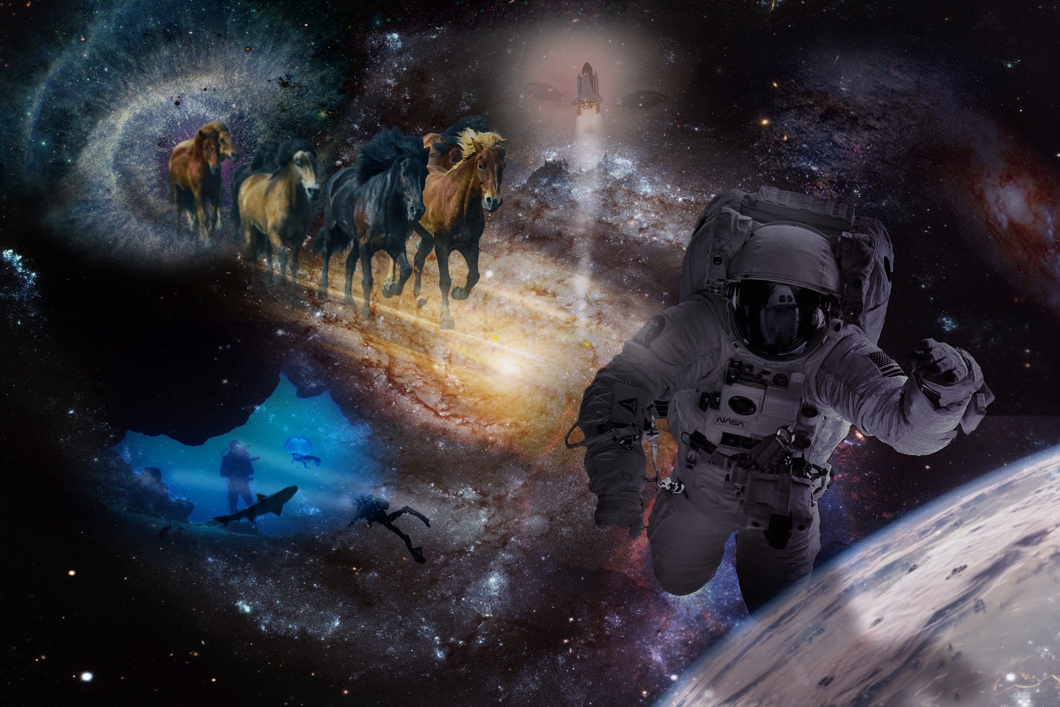 composing, surreal, vertebrate, adventure, mammal, infinity, men, universe, sky, space, 2K, wide, real people, collage, exploration, one person, ocean, HD Wallpaper