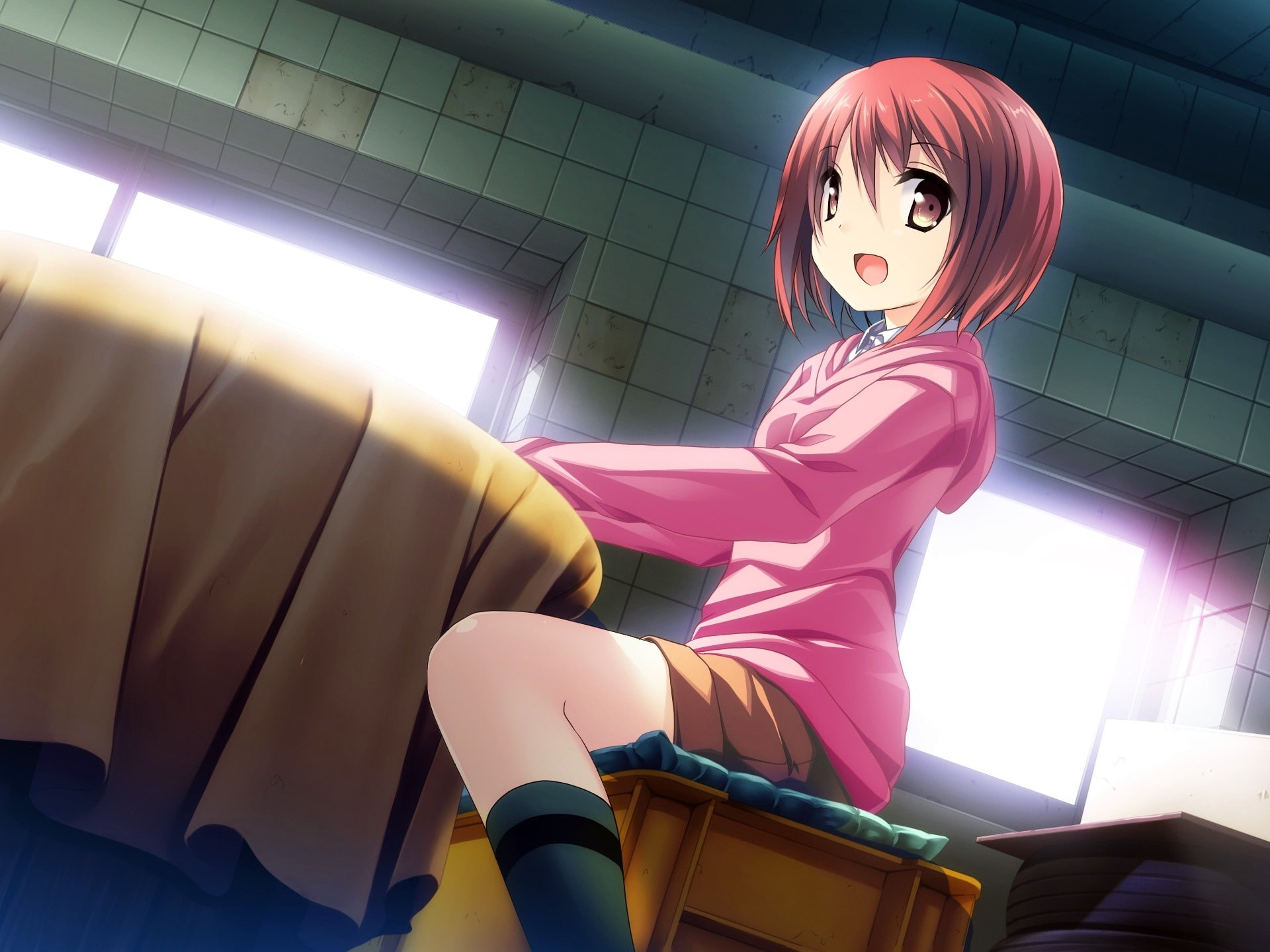 low angle view, human representation, home interior, indoors, day, sunlight, women, anime, built structure, cartoon, pink color, one person, haired, 1080P, HD Wallpaper