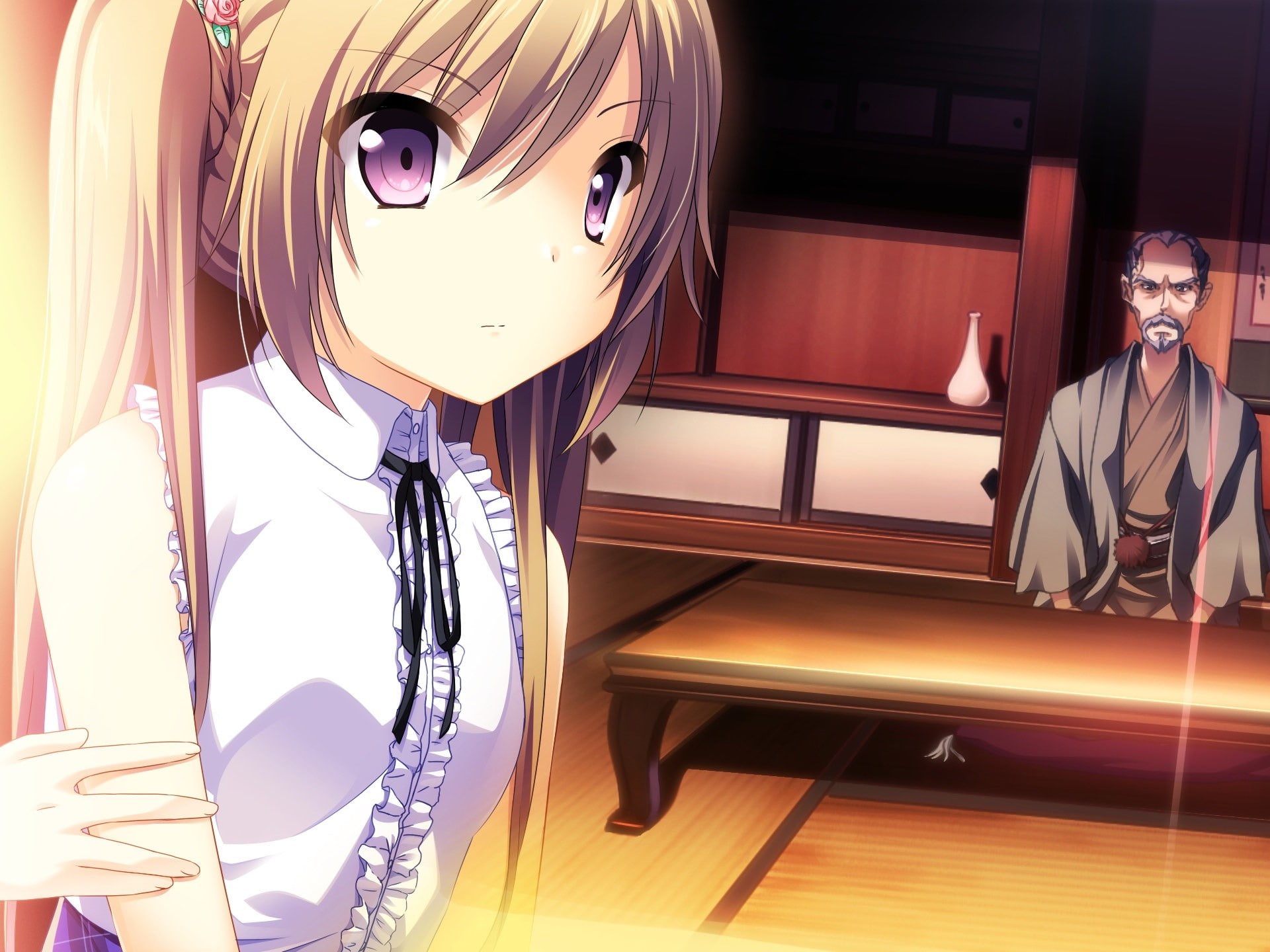 home interior, fashion, seat, 1080P, female, eyeglasses, indoors, domestic room, table, chair, anime, female likeness, craft, cartoon, no people, HD Wallpaper