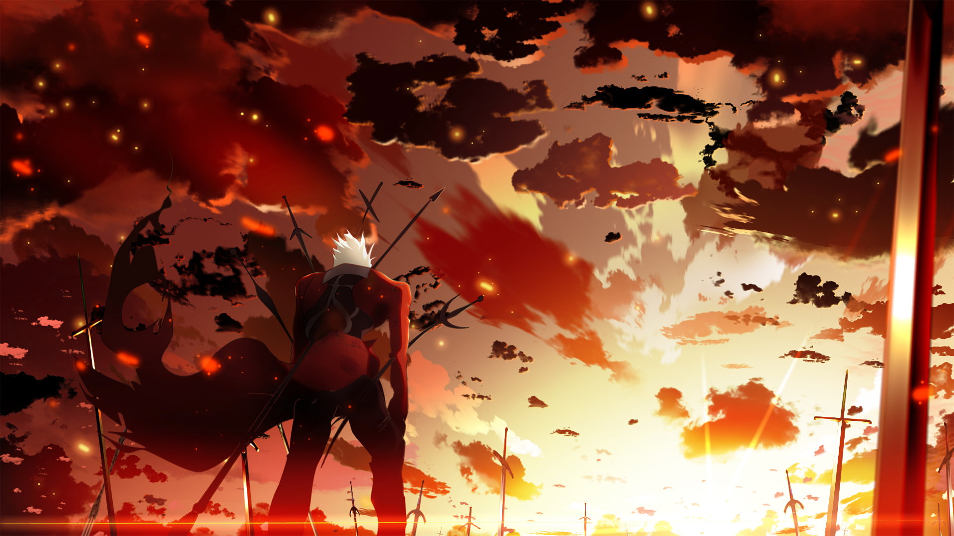 cloud - sky, city, red, nature, Archer (Fate/Stay Night), beauty in nature, sky, 1080P, confetti, silhouette, celebration, Fate/Stay Night: Unlimited Blade Works, HD Wallpaper