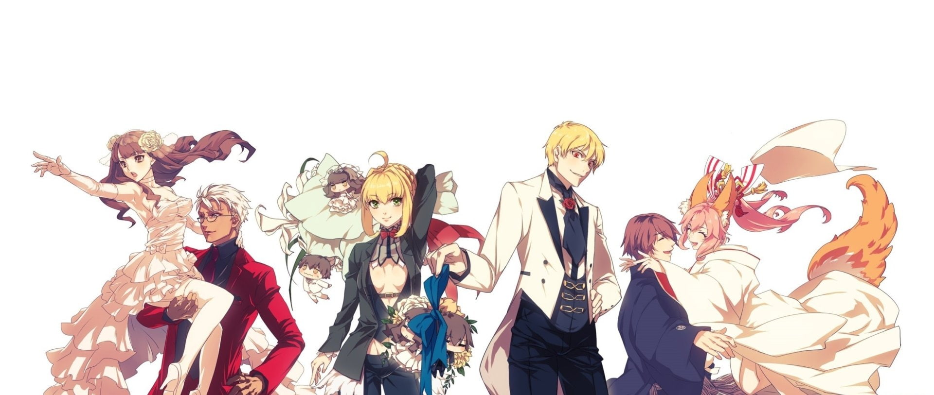 1080P, Fate Series, Archer (Fate/Stay Night), Boy, Gilgamesh (Fate Series), Girl, Rin Tohsaka, Dancing, Fate/Stay Night, Saber (Fate Series), HD Wallpaper