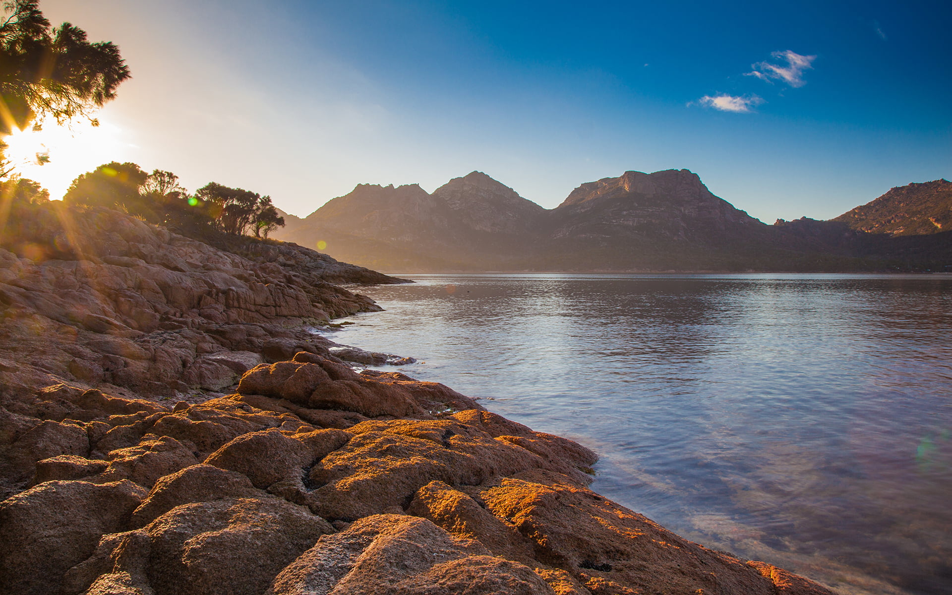 solid, hill, coles bay, summer, tasmania, rock - object, water, rock, sunrise, beauty in nature, tranquil scene, outdoors, sunlight, sunset, mountain, no people, HD Wallpaper