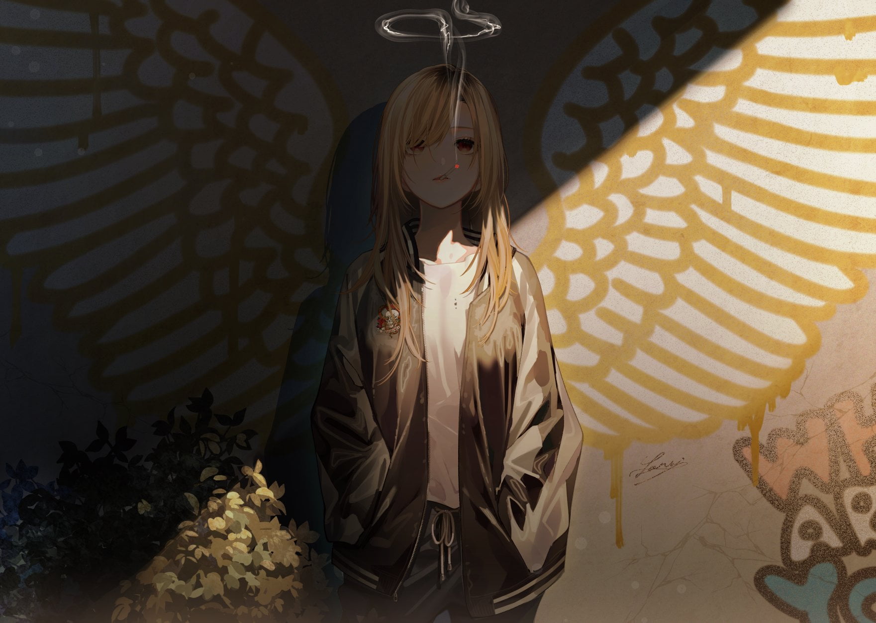 wall, 720P, angel wings, long hair, Bushes, red eyes, smoking, anime, anime girls, blonde, nimbus, HD Wallpaper