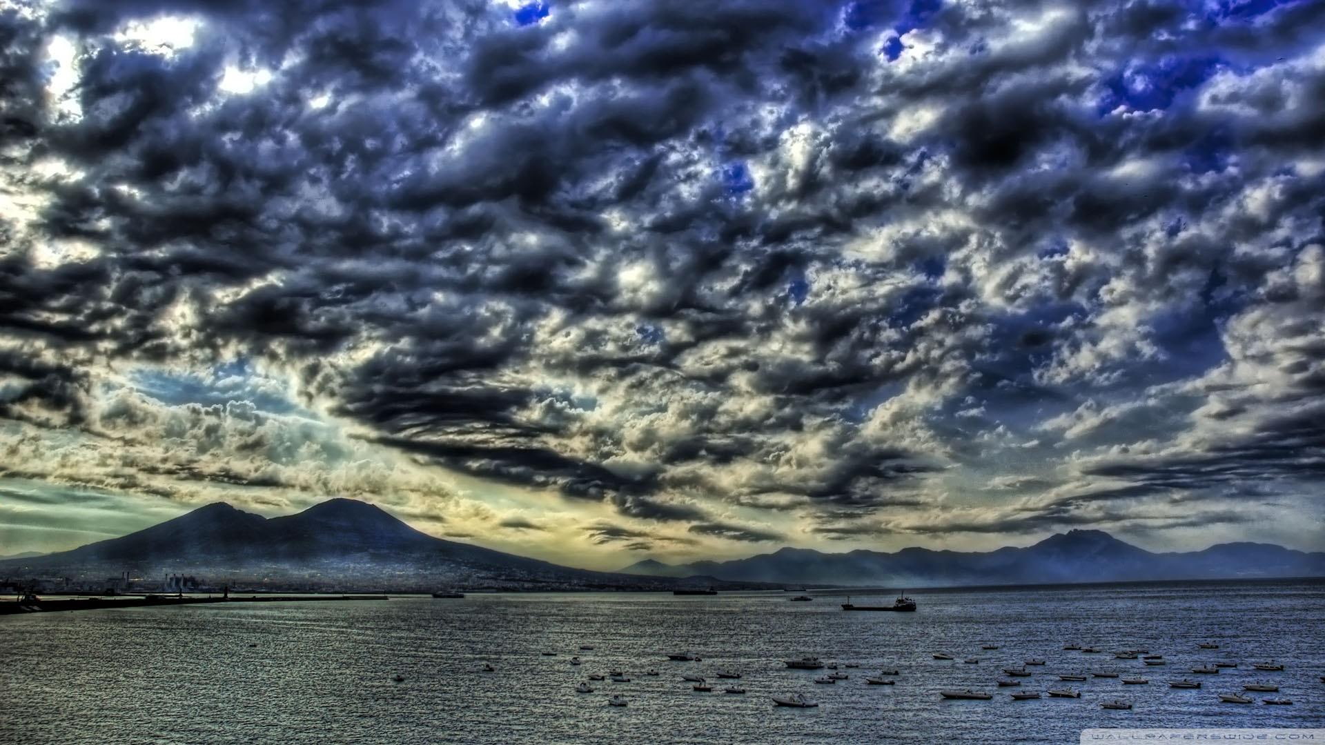 1080P, mountains, hdr, large, nimbus, harbor, clouds, boats, nature and landscapes, HD Wallpaper
