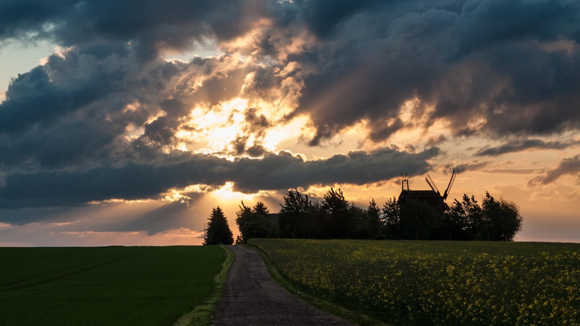 sunset, nature and landscapes, stormy, clouds, 1080P, windmill, wndmill, fields, nimbus, farm, HD Wallpaper