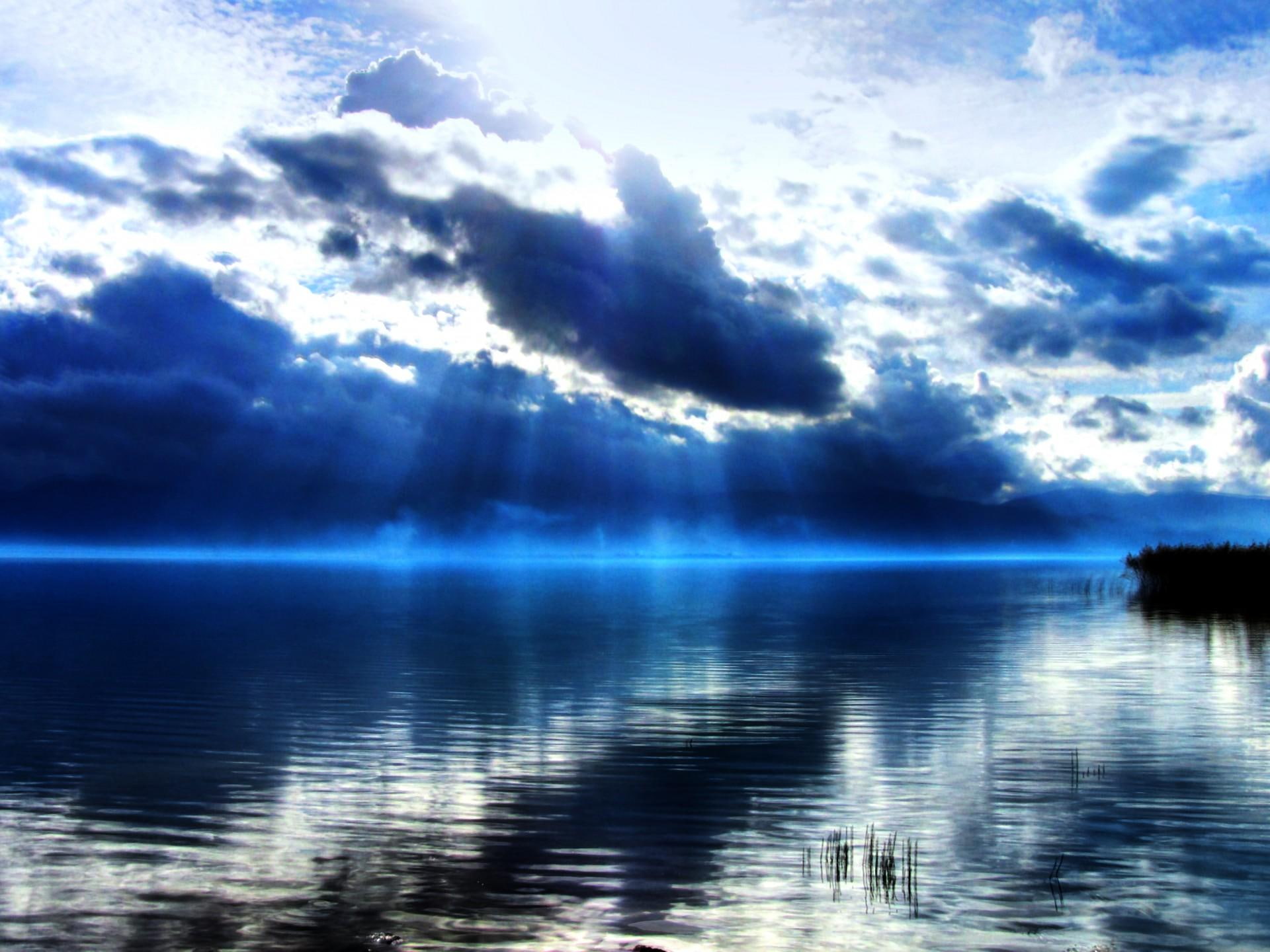 lake, nature, greece, trihonida, clouds, 1080P, nimbus, blue, reflection, 3d and abstract, HD Wallpaper