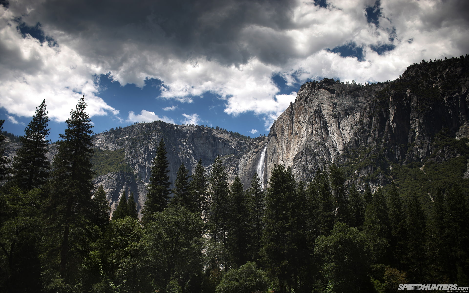 mountains, nature, trees, yosemite, waterfall, nimbus, mountain, forest, clouds, gray, hd, landscape, 1080P, HD Wallpaper
