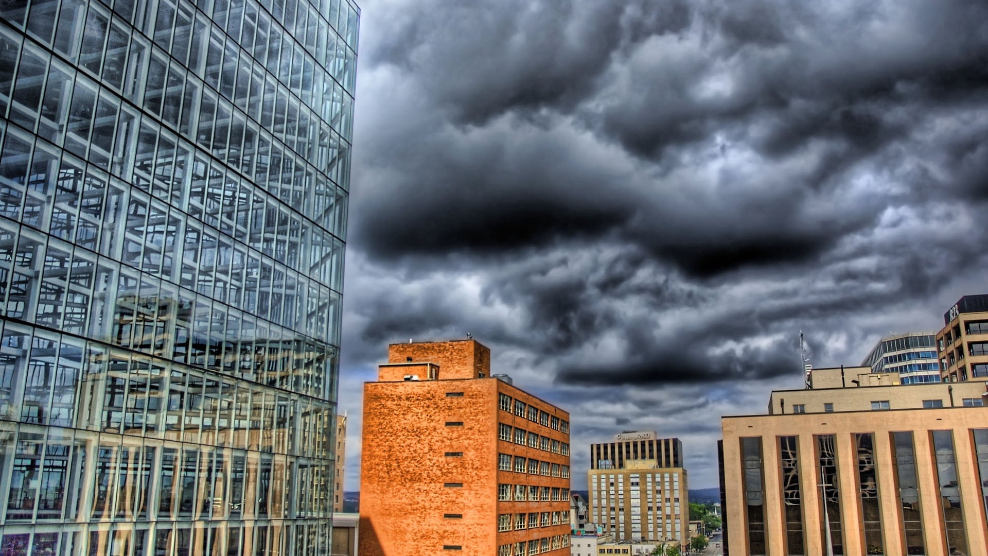 nimbus, facade, city, overcast, building, outdoors, blue, nature, dramatic sky, steel, power in nature, skyscraper, window, hdr, government, rain, 1080P, HD Wallpaper