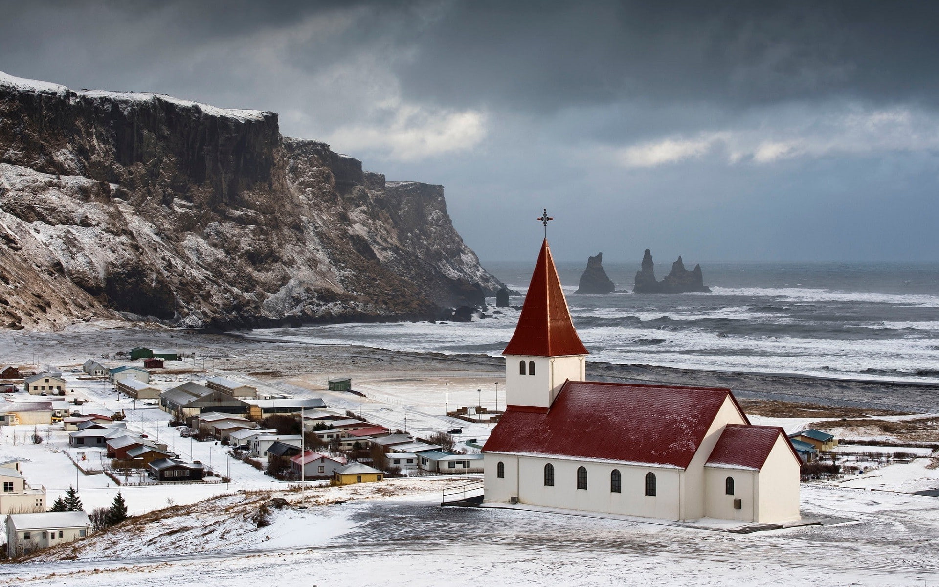 1080P, built structure, winter, place of worship, day, sky, church, building, Vik, sea, Iceland, religion, no people, building exterior, nature, cold temperature, HD Wallpaper