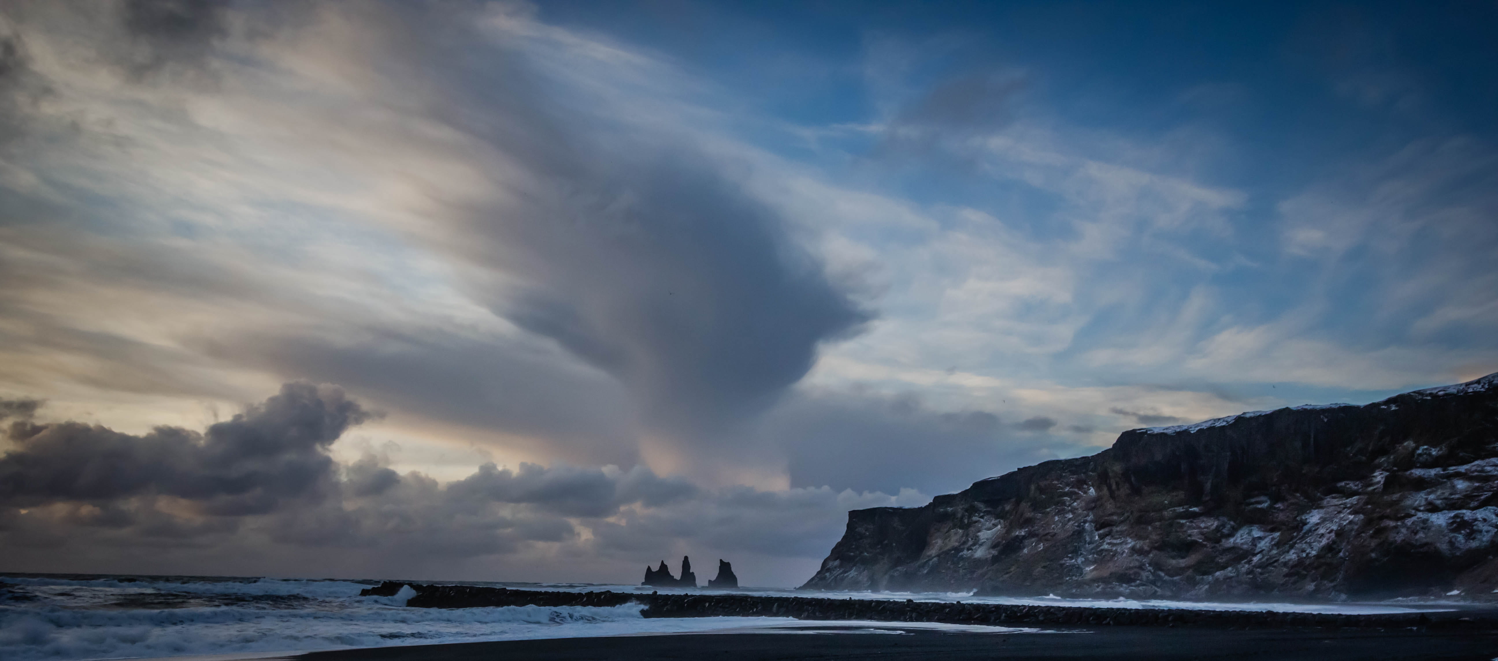 5K, water, scenics - nature, iceland, nature, outdoors, beauty in nature, black sand, tranquil scene, vik, ocean, cloud - sky, power in nature, land, environment, HD Wallpaper