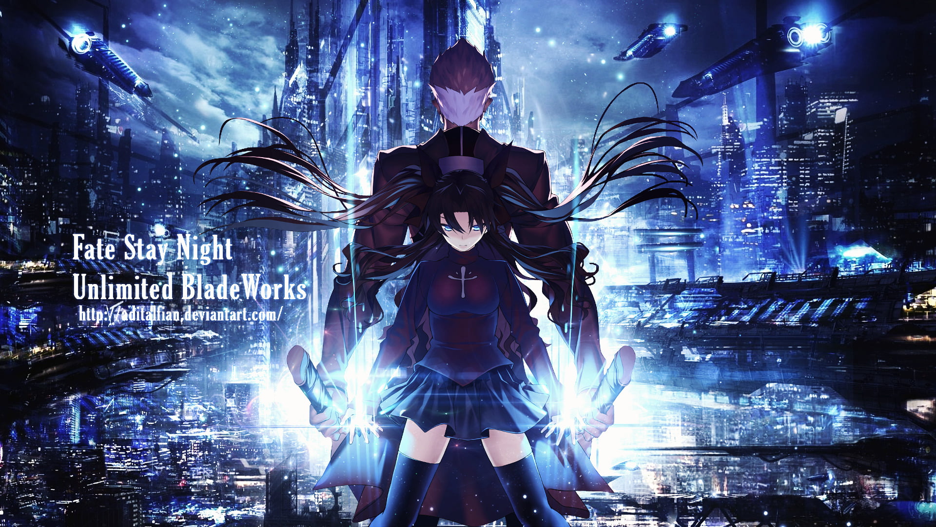 built structure, building, Archer (Fate/Stay Night), night, Rin Tohsaka, city, representation, futuristic, Fate Series, building exterior, travel, 1080P, HD Wallpaper