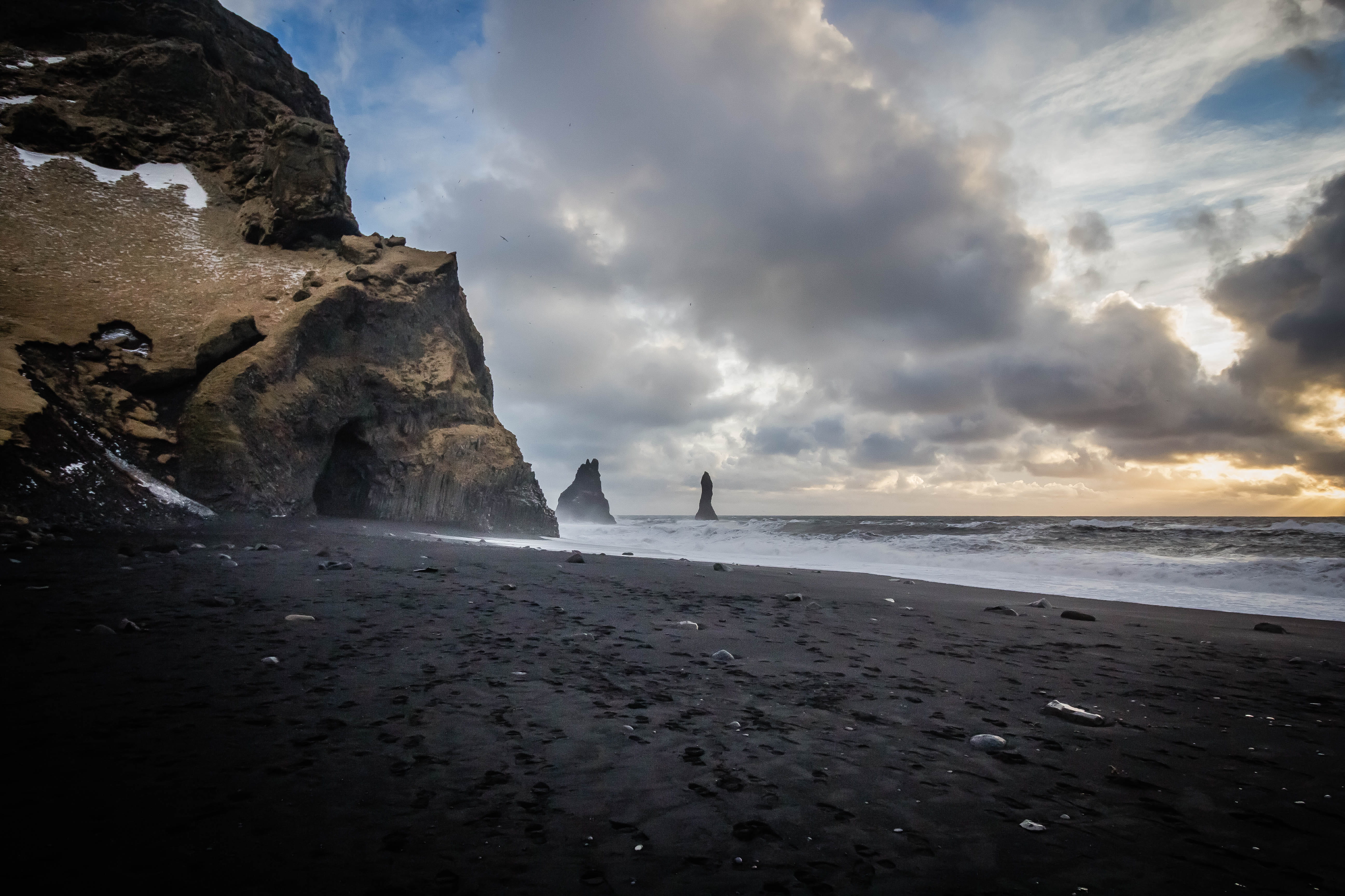 iceland, rock - object, beauty in nature, solid, rock, horizon, black sand, cloud - sky, nature, no people, tranquil scene, 5K, beach, tranquility, scenics - nature, HD Wallpaper